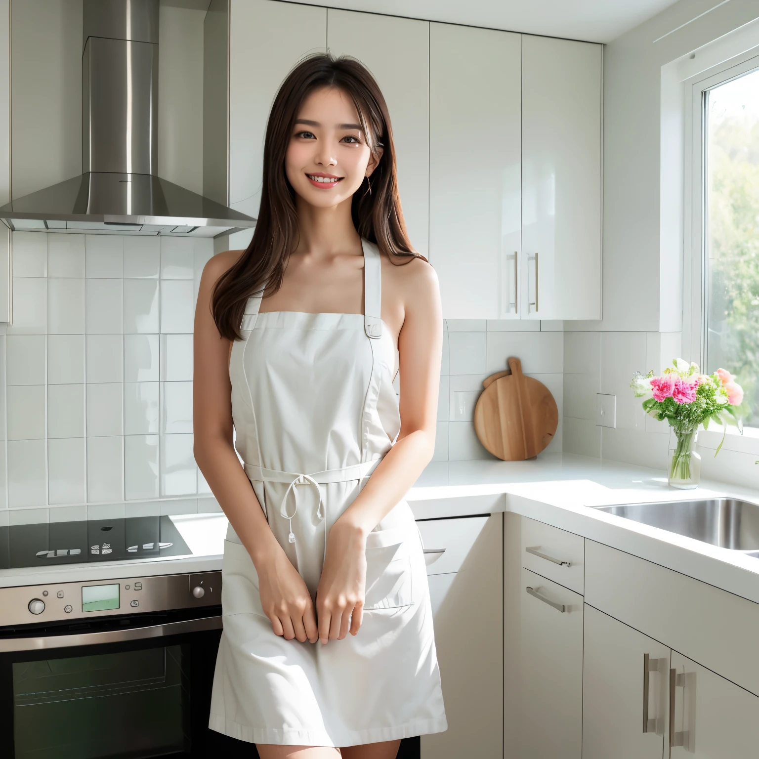 (table top、highest quality、8K、Award-winning work、ultra high resolution)、one beautiful woman、(wearing the most natural and perfect apron:1.1)、(naked apron:1.2)、(Look at me with your best smile:1.1)、(Show your beautiful teeth and have the best smile:1.1)、perfect beautiful teeth、emphasize body line、(bust up photo:1.1)、(upper body photo:1.2)、(big breasts:1.1)、(The most natural and practical kitchen:1.1)、(Perfectly organized and clean kitchen:1.1)、(modern and elegant kitchen:1.1)、(Perfect kitchen with state-of-the-art induction:1.1)、(Beautiful modern kitchen with a unified feel:1.1)、(very bright:1.2)、(Very bright and glowing skin:1.1)、It&#39;s very vivid、the most vivid、High chroma、radiant beautiful skin、A refreshing and beautiful perfect window、ultra high resolutionのperfect beautiful teeth、(Ultra high definition glossy skin:1.1)、(very brightly lit、明るい and glowing skin:1.2)、Super high-definition sparkling eyes、(accurate anatomy:1.1)、(the most elegant and perfect posture:1.1)