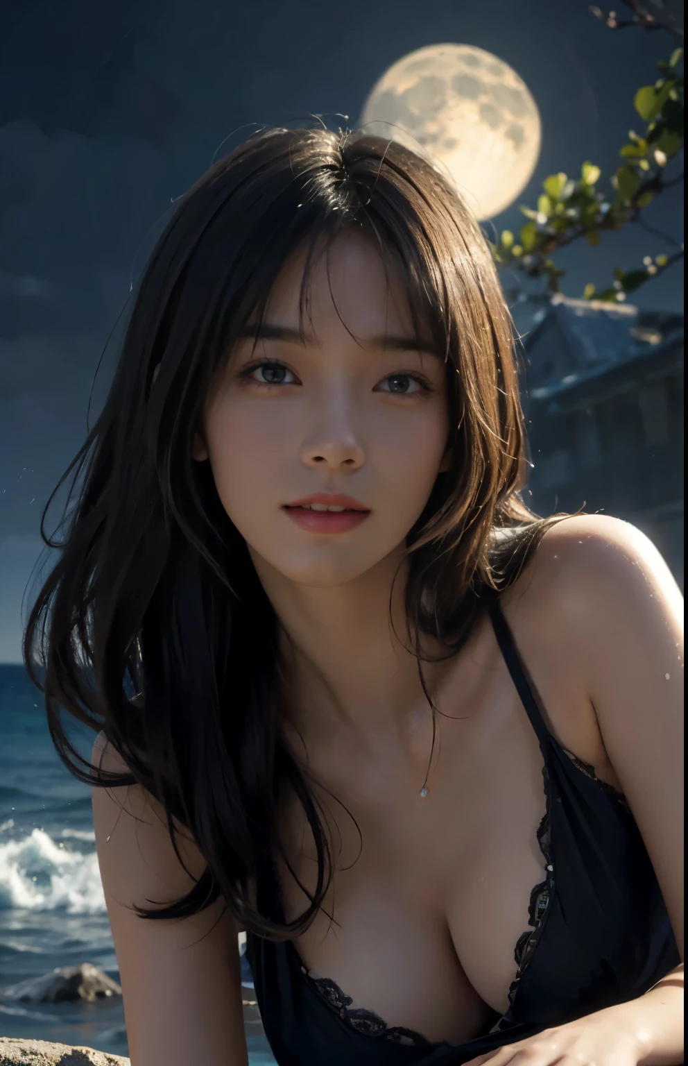 (A hyper-realistic), (illustration), (hight resolution), (8K), (highly detailed), (The best illustrations), (beatiful detailed eyes), (top-quality), (ultra-detailliert), (masterpiece), (detailed face), droopy eyes,full of sweat, slender body, long hair,inner colored,solo,Girl in simple dark bikini, huge , smile, ocean at night, moon