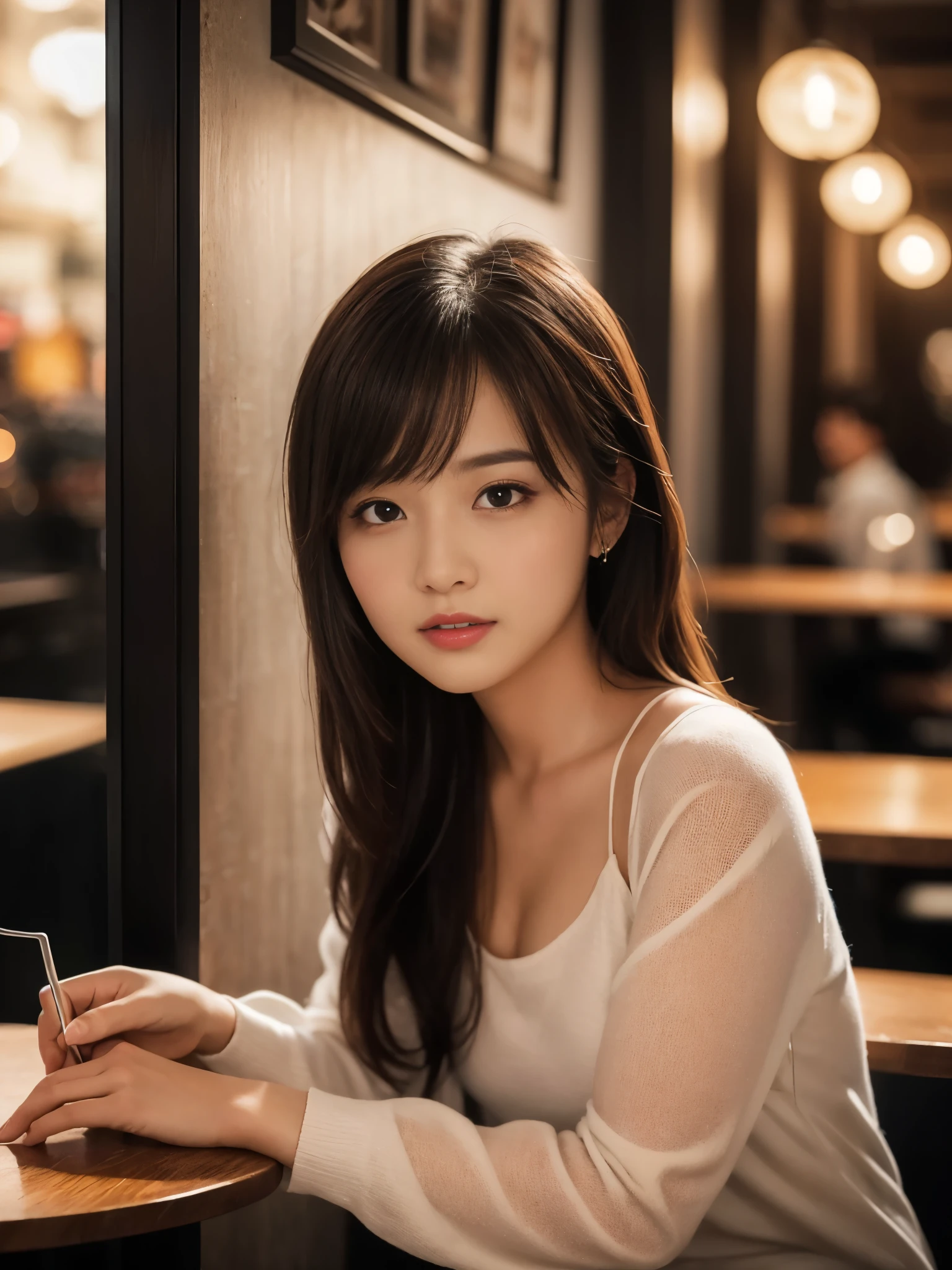 (bestquality, Piece Table, ultra hd: 1.3), 1girl in, Middlebox, Light brown hair, blunt bangs, hair behind ear, hair over shoulder, long-haired, Slender Figure, ultra-fine face, Sensitive lips, beautidul eyes, Thin blush, The eyes are light brown......, Perfect glossy skin, Flawless skin, Glittering sweat, See here......, Ultra-thin hands, Ultra-fine fingers, best ratio four fingers and one thumb, (reality:1.3), finger extension, white blouse, White short skirt, super model legs, flat. , Eye-Level Shot, chesty, 10,Broadleaf forests (environment, in a city in France) (Random costumes,Random clothing color)