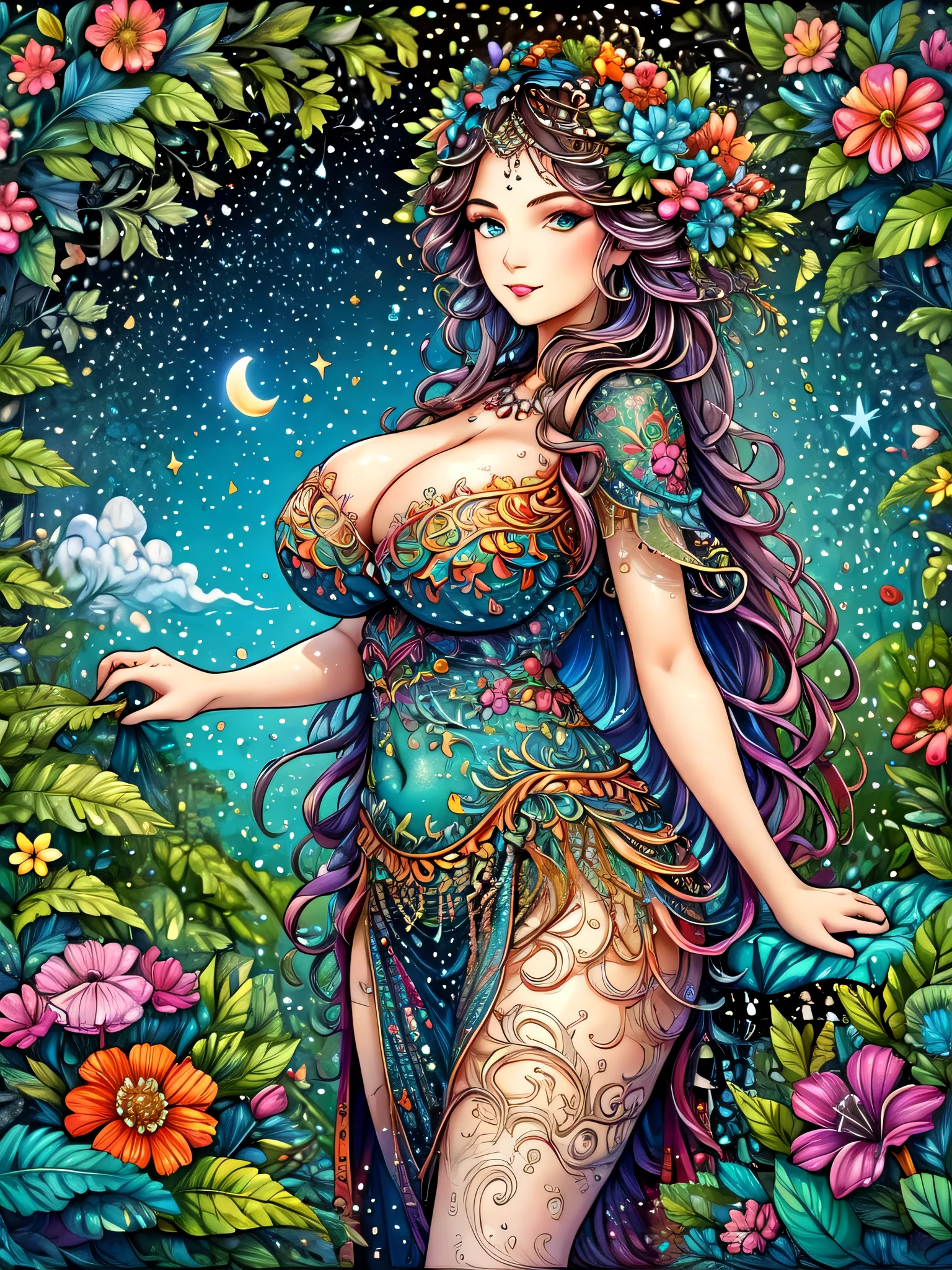 zentangle style painting:One girl with constellations and night sky,illustration style,draw with thick lines,detailed pattern,cute,pop,Gentle color,Cast colorful spells,nice background image,masterpiece,最高masterpiece,Light and shadow,draw carefully,fractal art,rendering,bright colors,fantasy,fancy,rendering,magic element,expensive_big breasts,sexy