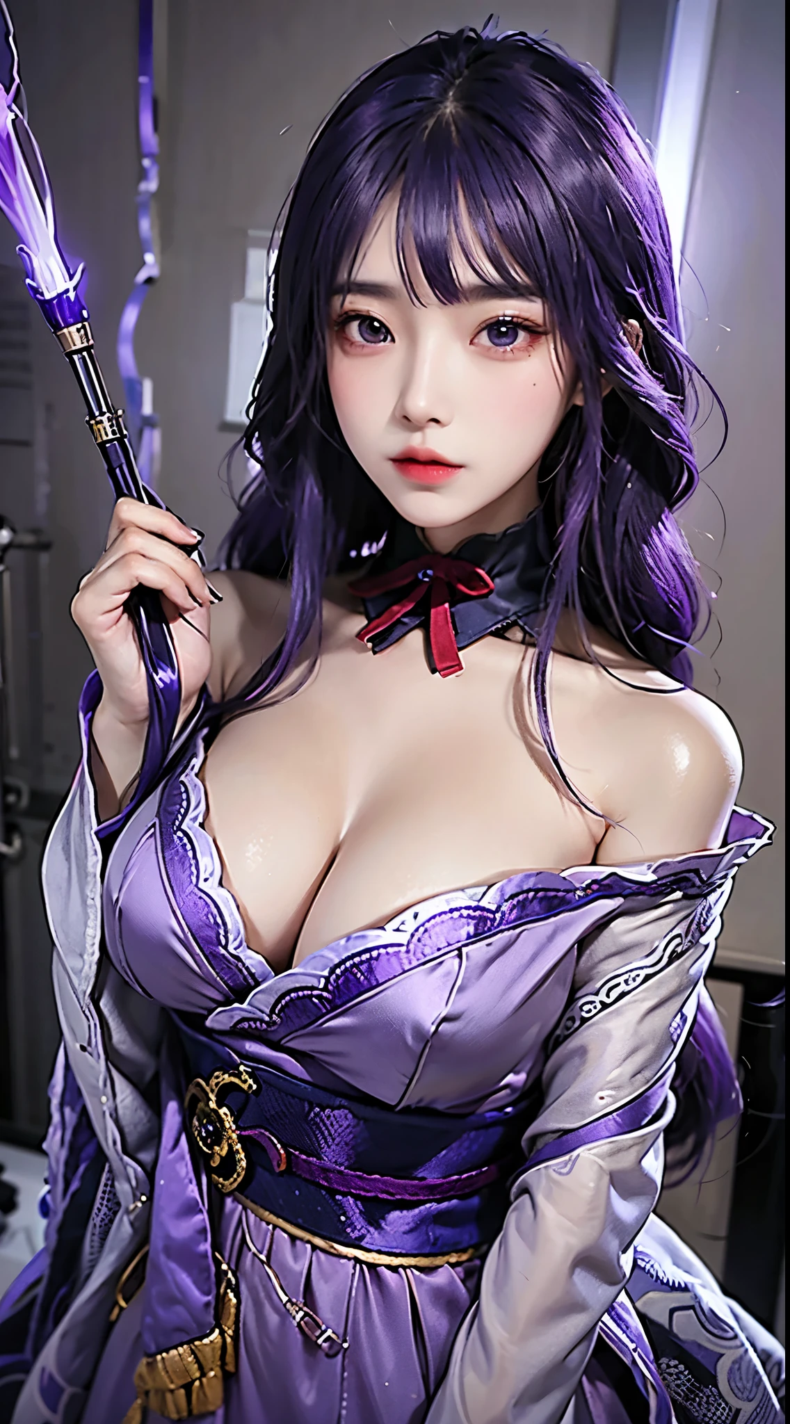lifelike, High resolution, 1 girl, long purple hair, beautiful eyes, big breasts, Raiden General costume