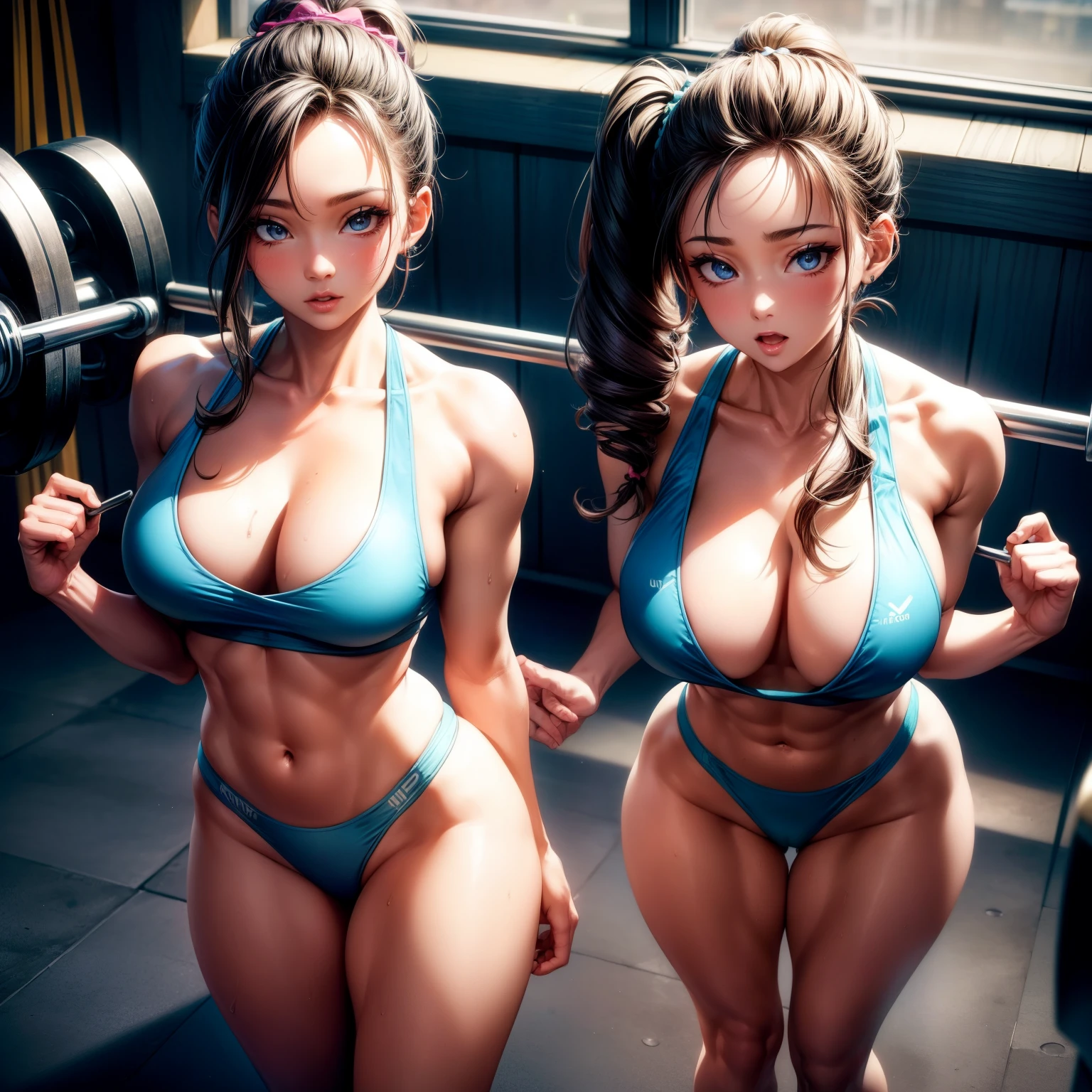 (8K,Ultra-detailed,Hyper photorealism,best masterpiece,nature,perfect work of art,perfect female body),two cute girls,Standing in the gym wearing a tiny bikini,Female fitness trainer,Stylish hairstyle,Elegant and sexy weightlifter,sexy exposed forehead girl,Put on sexy vacuum fitness beauty,Built-in thong,big cleavage,Stretch the meat,Improve sex appeal,It's a violent house,Full body shots