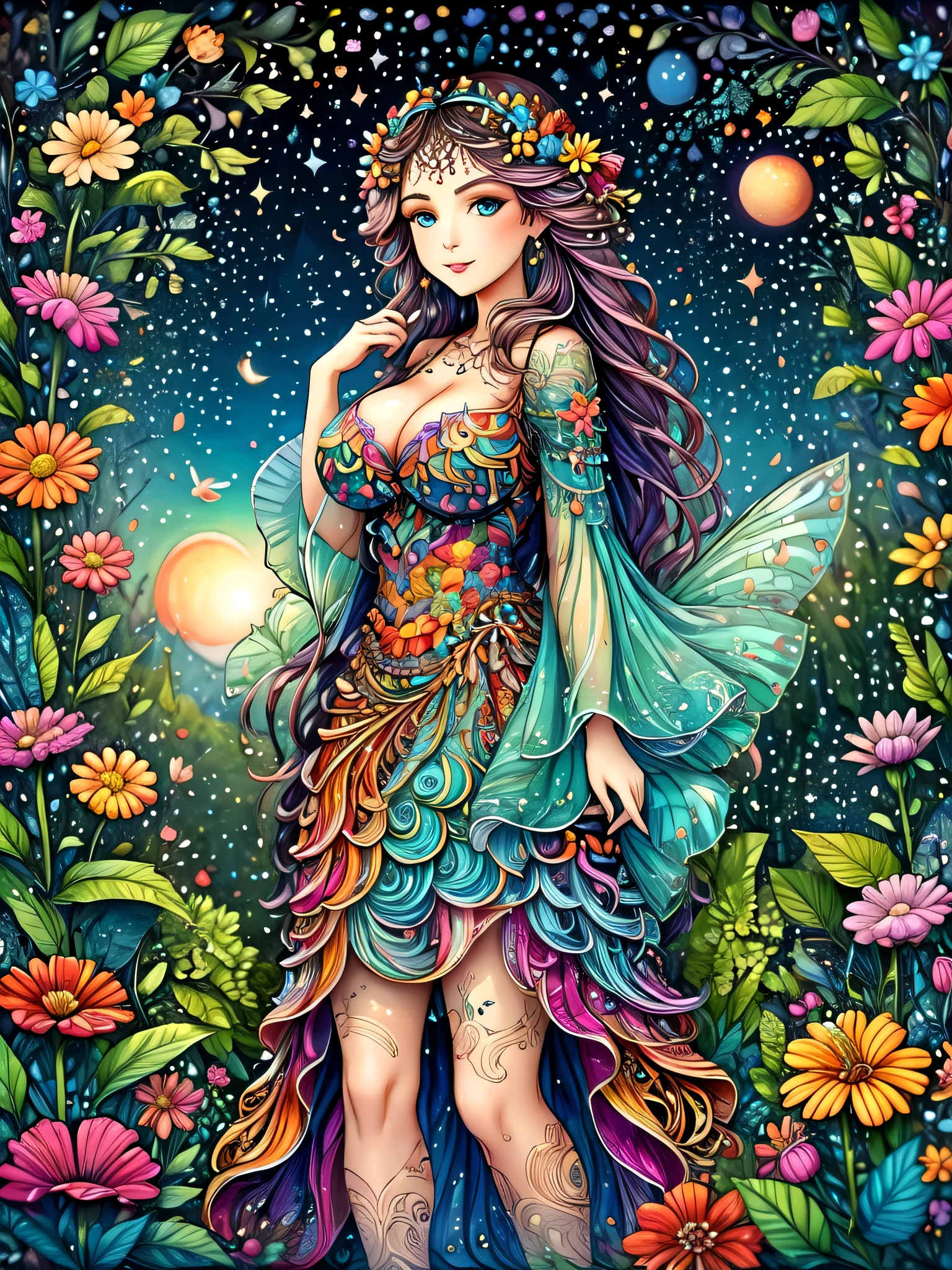 zentangle style painting:One girl with constellations and night sky,illustration style,draw with thick lines,detailed pattern,cute,pop,Gentle color,Cast colorful spells,nice background image,masterpiece,最高masterpiece,Light and shadow,draw carefully,fractal art,rendering,bright colors,fantasy,fancy,rendering,magic element,expensive_big breasts,sexy