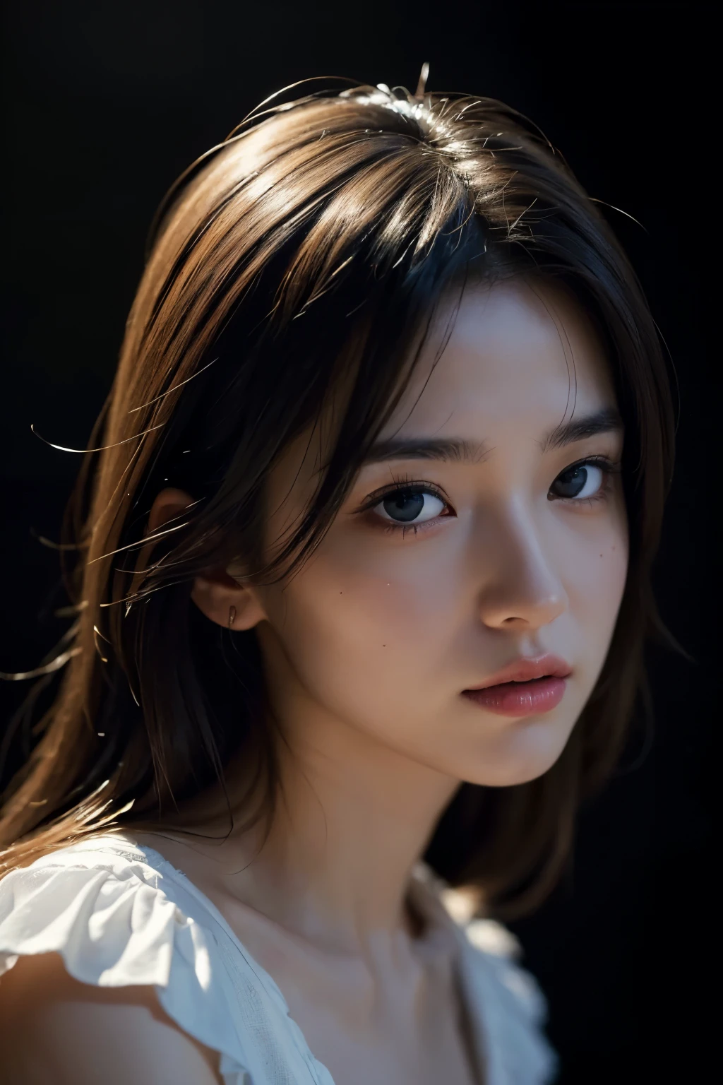 (highres,masterpiece:1.2),ultra-detailed,(realistic,photorealistic,photo-realistic:1.37),a girl in a white dress,darkness,black eyes,high resolution,portrait,painting,detailed features,vivid colors,soft lighting