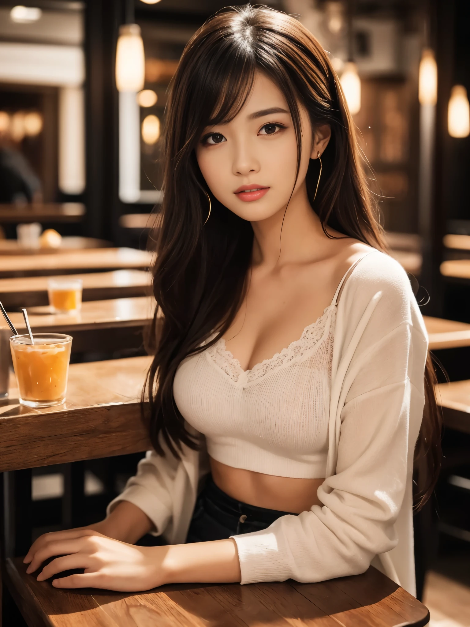 masterpiece, highest quality, realistic, Super detailed, small details, High resolution, 8k wallpaper, 1 beautiful woman, Please wear casual business attire, in a great restaurant, At night, light brown messy hair, perfect dynamic composition, detailed and beautiful eyes