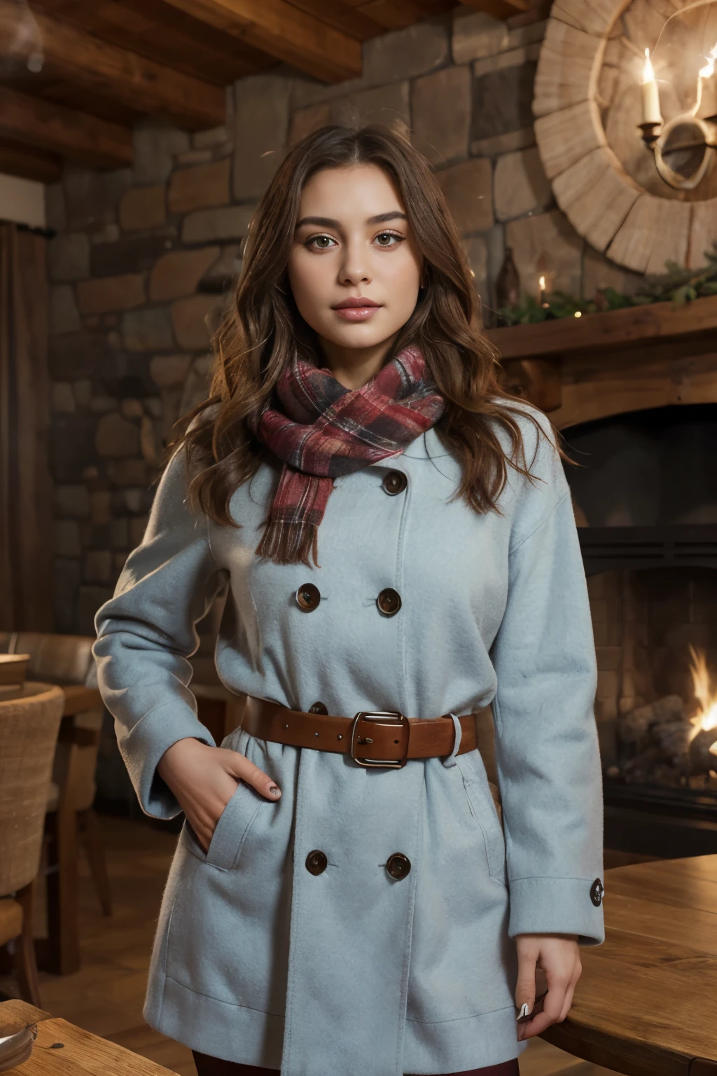A beautiful girl chooses a chic wool dress with a belted waist, and a cashmere scarf. A statement coat adds a touch of sophistication. Ambient: The alpine restaurant is filled with the aroma of hearty winter dishes. Guests dine by the fireplace, surrounded by warm wooden décor and winter mountain views. She has a long blue wavy hair, big brown eyes, beautiful face, bright facial skin, impression-less, very beautiful Instagram model, realistic image. Dynamic composition, motion, ultra - detailed, incredibly detailed, a lot of details, amazing fine details and brush strokes, smooth.