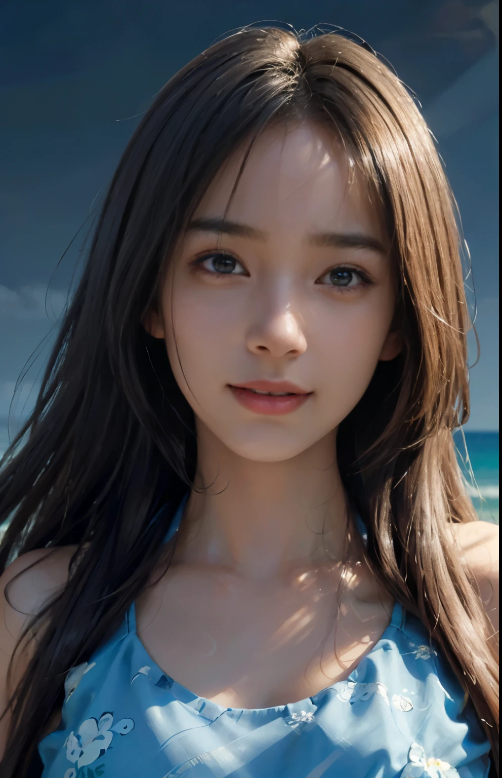 (A hyper-realistic), (illustration), (hight resolution), (8K), (highly detailed), (The best illustrations), (beatiful detailed eyes), (top-quality), (ultra-detailliert), (masterpiece), (detailed face), droopy eyes,full of sweat, slender body, long hair,inner colored,solo,Girl in simple bikini, huge , smile, ocean at night