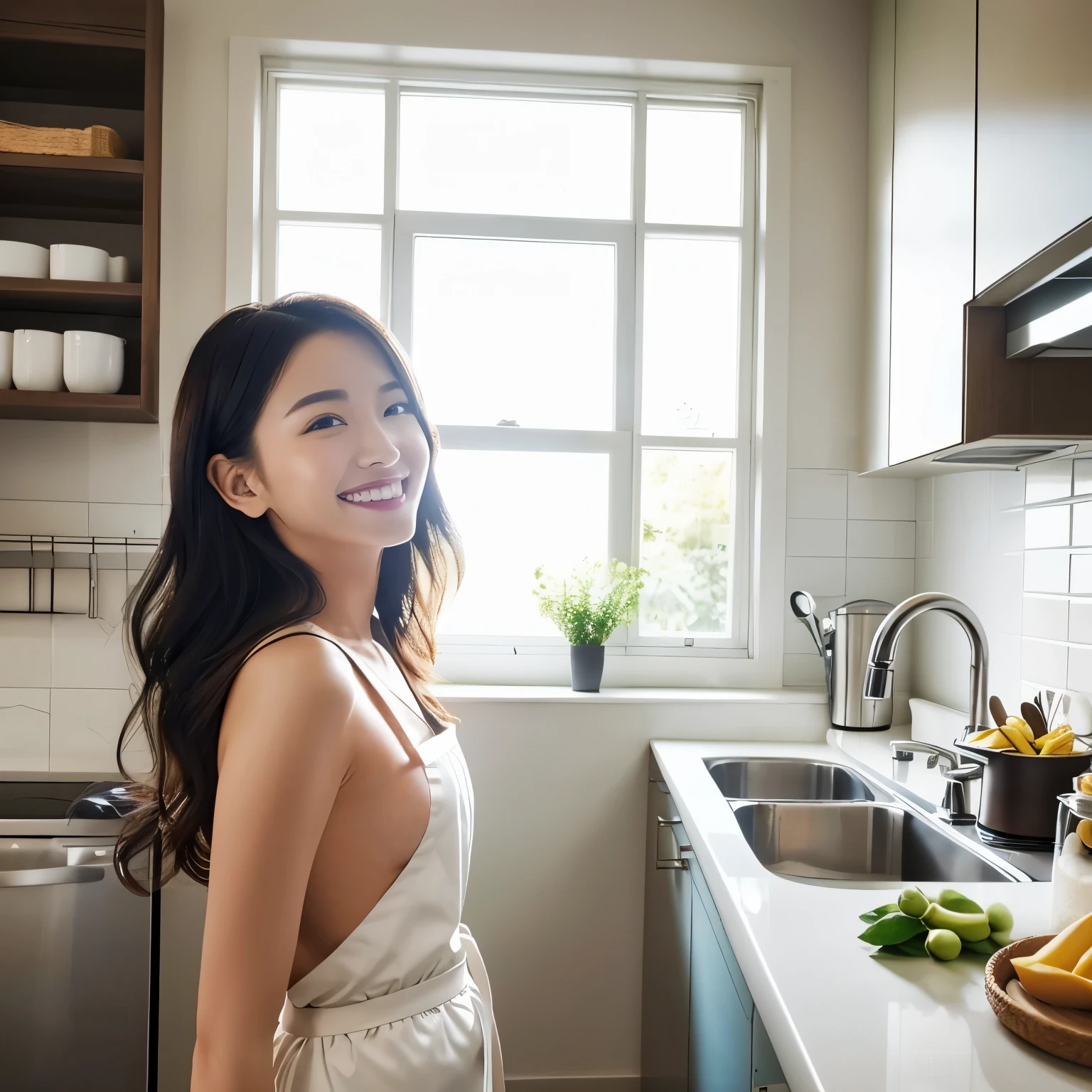 (table top、highest quality、8K、Award-winning work、ultra high resolution)、one beautiful woman、(wearing the most natural and perfect apron:1.1)、(naked apron:1.2)、long hair、(Look at me with your best smile:1.1)、(Show your beautiful teeth and have the best smile:1.1)、perfect beautiful teeth、emphasize body line、(bust up photo:1.1)、(Photo above the waist:1.2)、big breasts、(The most natural and practical kitchen:1.1)、(Perfectly organized and clean kitchen:1.1)、(modern and elegant kitchen:1.1)、(Perfect kitchen with state-of-the-art induction:1.1)、(Beautiful modern kitchen with a unified feel:1.1)、(すごくbright:1.2)、bright、すごくbright、that&#39;It&#39;s very vivid、the most vivid、High chroma、radiant beautiful skin、A refreshing and beautiful perfect window、ultra high resolutionのperfect beautiful teeth、(Ultra high definition glossy skin:1.1)、(すごくbrightly lit、bright and glowing skin:1.2)、Super high-definition sparkling eyes、(accurate anatomy:1.1)、(the most elegant and perfect posture:1.1)