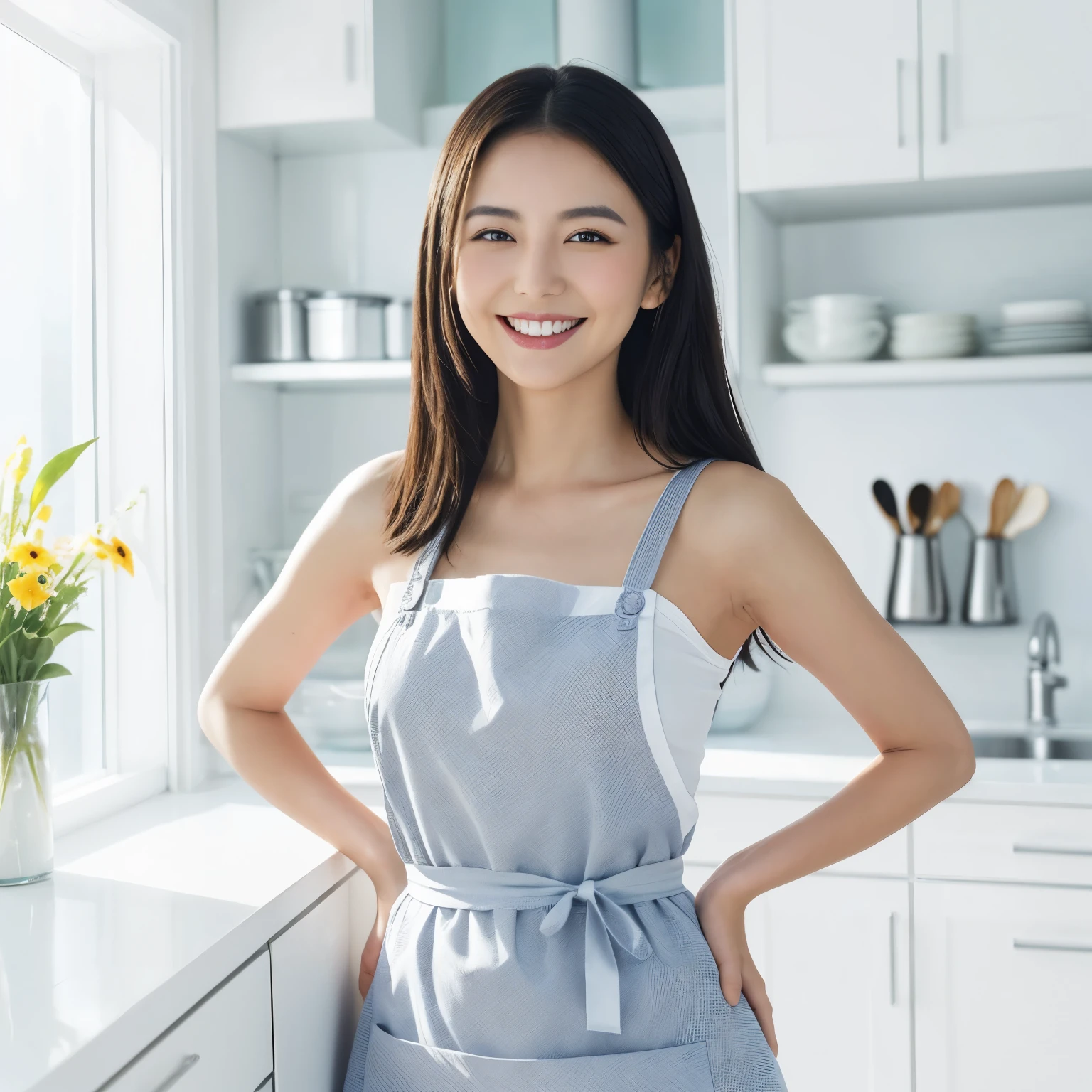 (table top、highest quality、8K、Award-winning work、ultra high resolution)、one beautiful woman、(wearing the most natural and perfect apron:1.1)、(naked apron:1.2)、long hair、(Look at me with your best smile:1.1)、(Show your beautiful teeth and have the best smile:1.1)、perfect beautiful teeth、emphasize body line、(bust up photo:1.1)、(Photo above the waist:1.2)、big breasts、(The most natural and practical kitchen:1.1)、(Perfectly organized and clean kitchen:1.1)、(modern and elegant kitchen:1.1)、(Perfect kitchen with state-of-the-art induction:1.1)、(Beautiful modern kitchen with a unified feel:1.1)、(すごくbright:1.2)、(すごくbright and vivid:1.2)、bright、すごくbright、that'It's very vivid、the most vivid、High chroma、radiant beautiful skin、A refreshing and beautiful perfect window、ultra high resolutionのperfect beautiful teeth、(Ultra high definition glossy skin:1.1)、(すごくbrightly lit、bright and glowing skin:1.2)、Super high-definition sparkling eyes、(accurate anatomy:1.1)、(the most elegant and perfect posture:1.1)