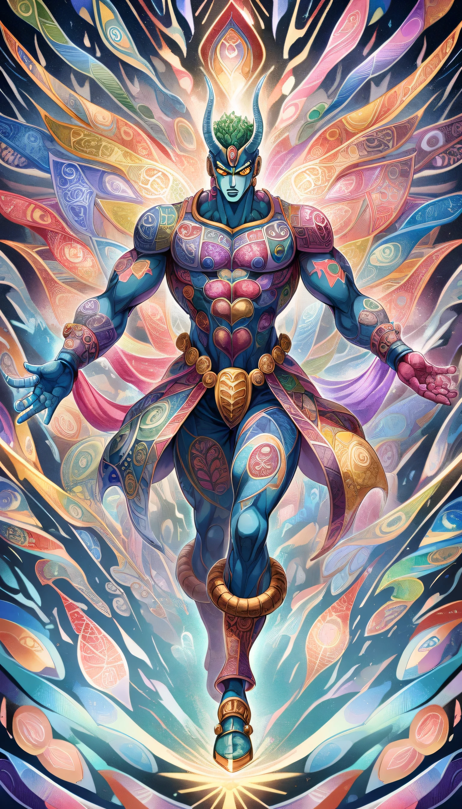 1 boy, stand, Jojo'strange adventure, Jojo standing,Hirohiko Araki'style,zentangle elements,rendering,rich colors,Cast colorful spells,intricate details,Highestの構図,perfect composition,An illustration,nice,Highest,Highestにクール,anatomically correct,structurally correct,draw with thick lines,characteristic,Composition viewed diagonally from above,Spirit,devil,shine,flash,さらにflash,characteristic