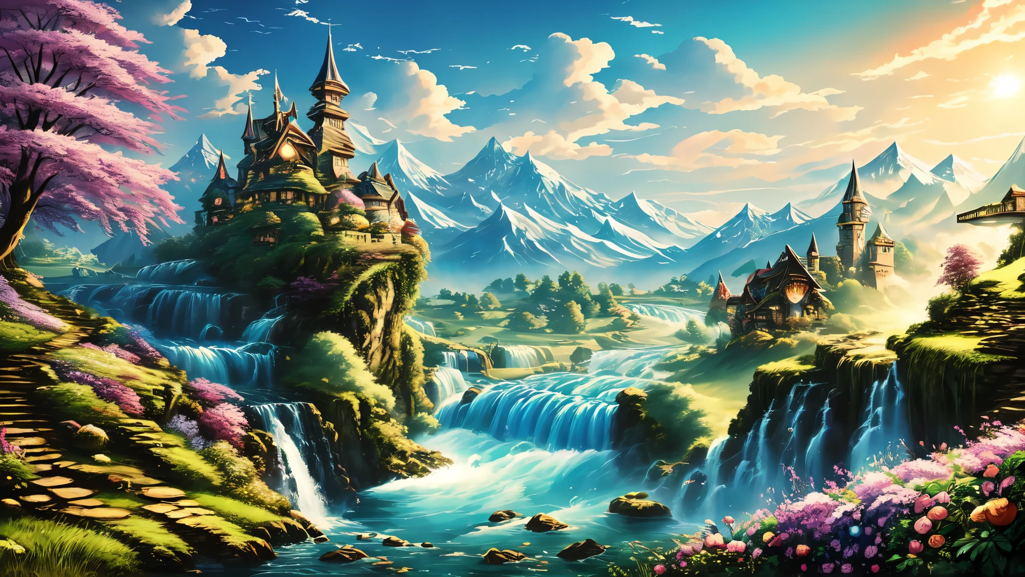 bright, ((cartoon style)), a background of blue sky with curly fairy-tale clouds, a rainbow behind the mountains, in the middle there is only the sky with clouds, mountains on the left, snowy mountains in the distance, fairy-tale houses on the edges, a rainbow on the right, several balloons of a beautiful fairy-tale shape, multi-colored, a beautiful fairy-tale waterfall, fairy-tale trees on the sides , with fabulous hollows, fabulous fruits, flowers, vines on the trees, fantasy art, masterpiece, detailed, 4k