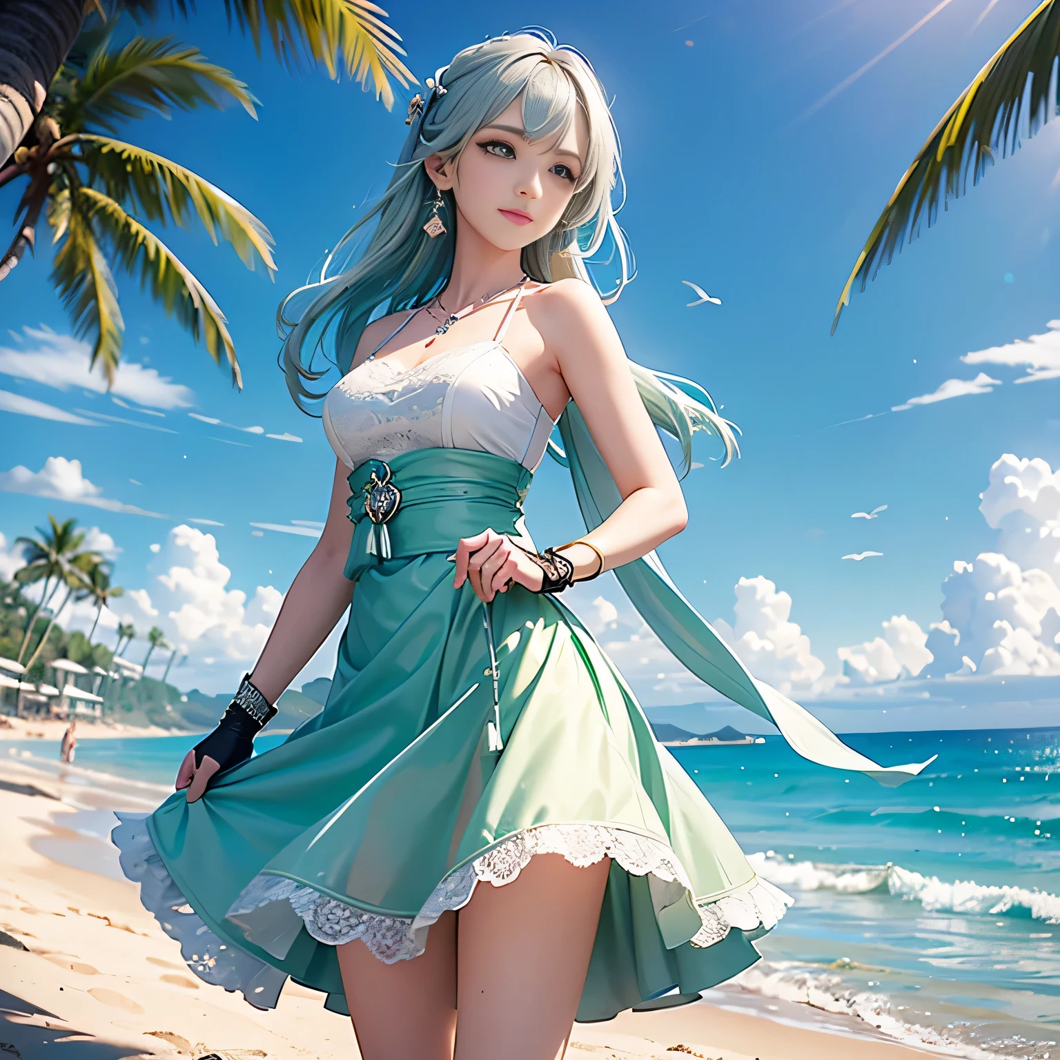 Low - Angle,from below,very the wind is strong,skirt lift,panty shot
(1 girl),(『Genshin』Nahida of), ((masterpiece, highest resolution,highest quality)), (beautiful illustrations),(Beautiful medium-long silver-green hair),(beautiful green eyes), (White elegant see-through camisole), (looking at the viewer),
 innocent smile, white over knee high,lace chalk, Wristband, fingerless gloves, over knee high,
lace chalk, diamond necklace,Wristband, fingerless gloves, earrings, the wind is strong,cinematic lighting, beach, sand, blue sky, Wave, Palm tree,