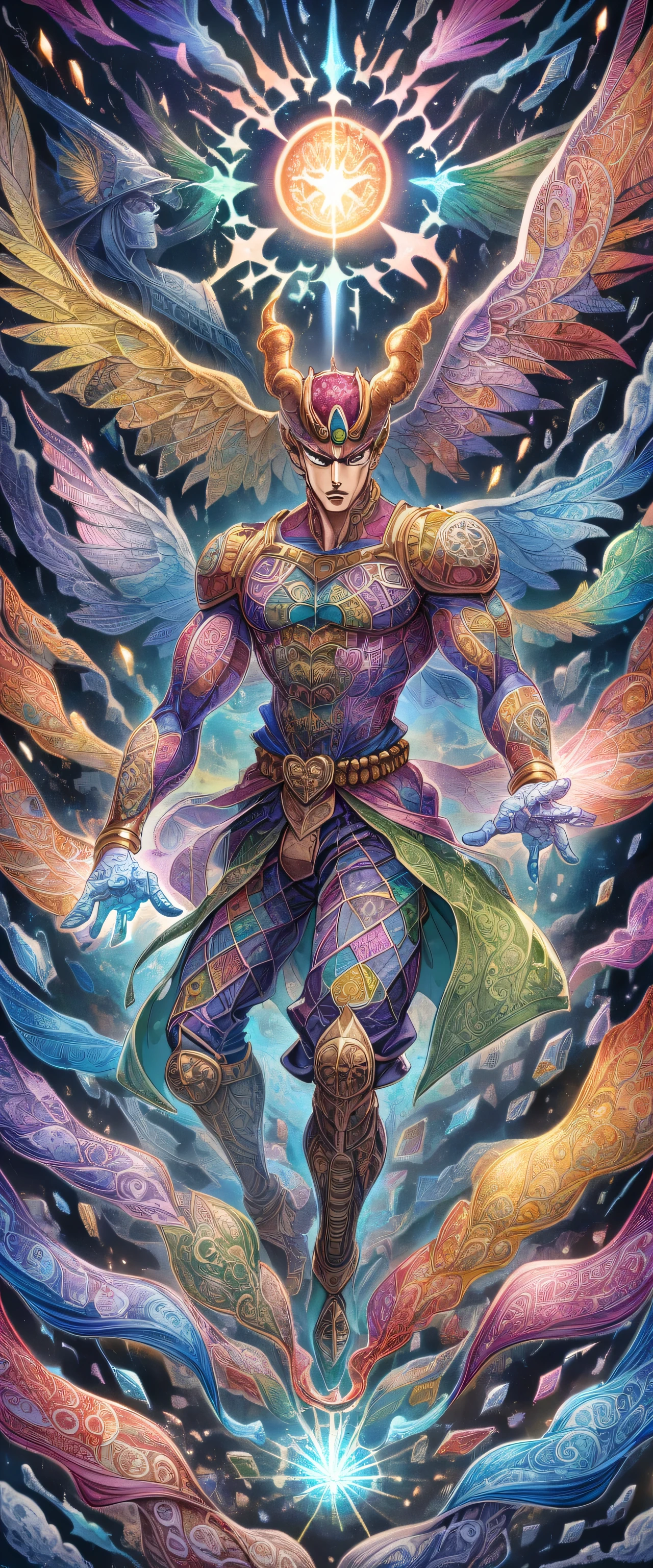 1 boy, stand, Jojo&#39;strange adventure, Jojo standing,Hirohiko Araki&#39;style,zentangle elements,rendering,rich colors,Cast colorful spells,intricate details,Highestの構図,perfect composition,An illustration,nice,Highest,Highestにクール,anatomically correct,structurally correct,draw with thick lines,characteristic,Composition viewed diagonally from above,Spirit,devil,shine,flash,さらにflash,characteristic