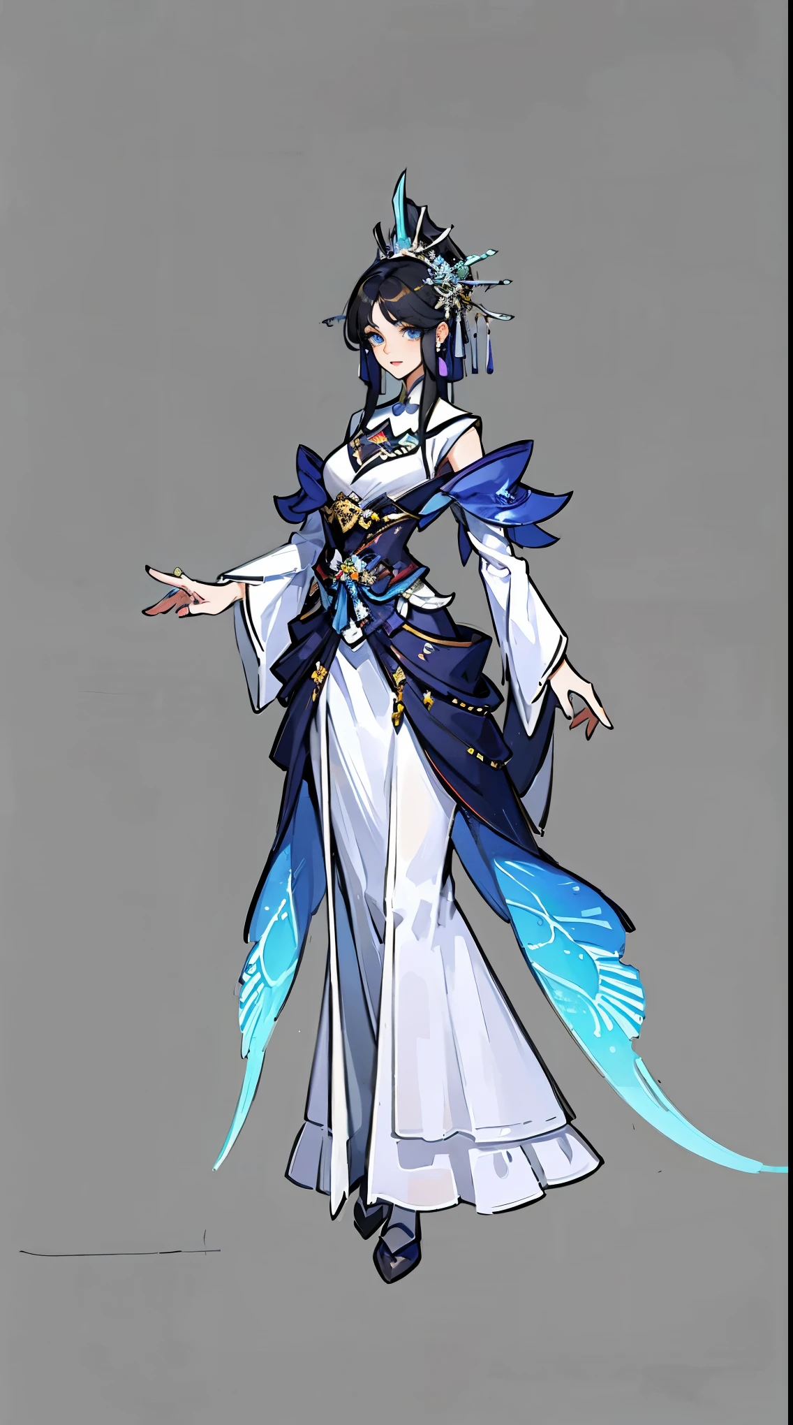 1 female（pretty face），Unique，full body standing painting，alone，Transparent Background，Original character designs from East Asia，Game character costume design，Layered fish scale sequin gorgeous skirt，high detail，color grade，White background，ultra high resolution，sharp focus，HD，8K，clear facial features，clear details，beautiful eyes，pretty face