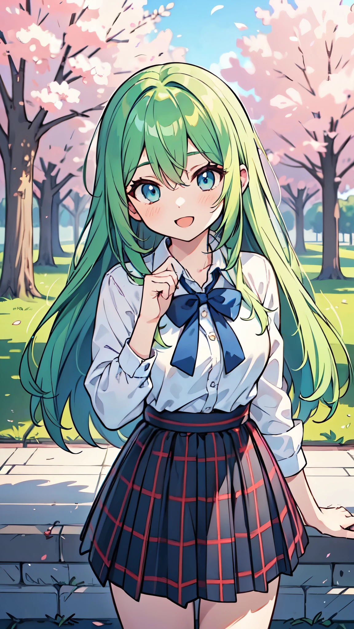 ((A Pretty High School girl with green hair and blue eyes)), ((wearing white collar shirt and plaid skirt)), Baby face, ((master piece, top-quality, ultra-definition, high resolution)), anime girl, ((ultra-detailed illust:1.2)), only one person, bangs, hair between eye, beautiful hair, Beautiful eyes, Medium breasts, Big smile, opened mouth, cherry trees, schoolyard