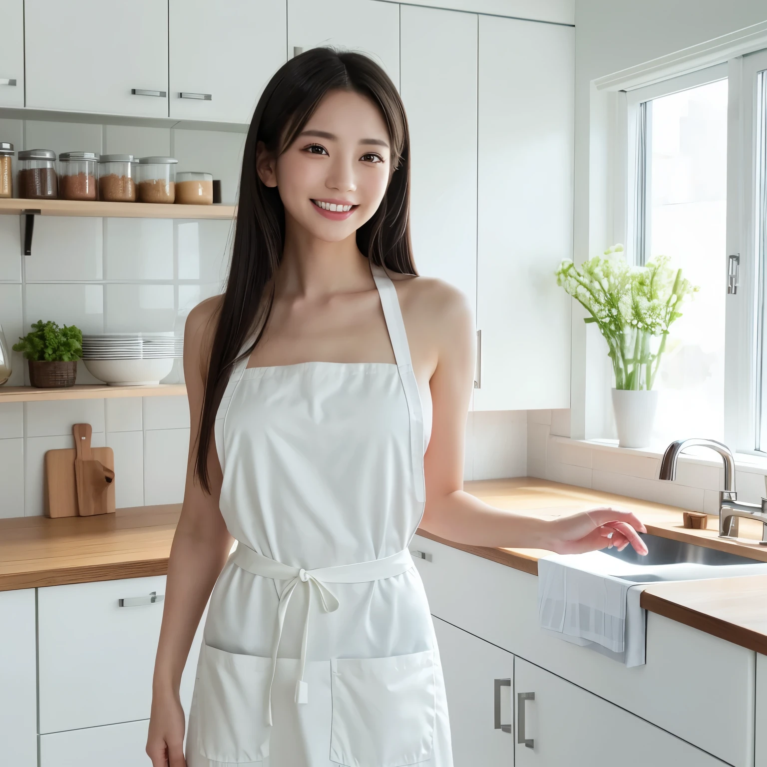 (table top、highest quality、8K、Award-winning work、ultra high resolution)、one beautiful woman、(wearing the most natural and perfect apron:1.1)、(naked apron:1.2)、long hair、(Look at me with your best smile:1.1)、(Show your beautiful teeth and have the best smile:1.1)、perfect beautiful teeth、emphasize body line、(bust up photo:1.1)、(Photo above the waist:1.2)、big breasts、(The most natural and practical kitchen:1.1)、(Perfectly organized and clean kitchen:1.1)、(modern and elegant kitchen:1.1)、(Perfect kitchen with state-of-the-art induction:1.1)、(Beautiful modern kitchen with a unified feel:1.1)、(すごくbright:1.2)、(すごくbright and vivid:1.2)、bright、すごくbright、that&#39;It&#39;s very vivid、the most vivid、High chroma、radiant beautiful skin、A refreshing and beautiful perfect window、ultra high resolutionのperfect beautiful teeth、(Ultra high definition glossy skin:1.1)、(すごくbrightly lit、bright and glowing skin:1.2)、Super high-definition sparkling eyes、(accurate anatomy:1.1)、(the most elegant and perfect posture:1.1)