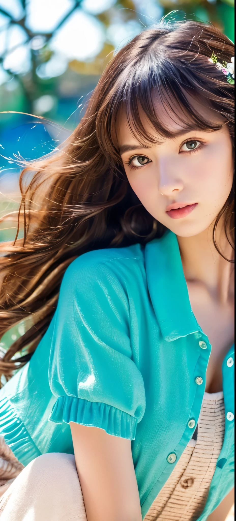 Masterpiece), (Best Quality), (Super Detail), (disheveled Hair), (Illustration), (One Girl), (Fashionable Clothes), Standing, Fashion Model, Beholder, (Interview), (Simple Background), Finely Beautiful Eyes, Delicate Beautiful Face, Floating, (High Saturation), (Colorful Splash), Colorful Bubble, (Shine), Focus on the Face, Ponytail, Light Blue Hair, Bangs, Hair Rings, Floating Flowers, Floating Hairs, (Shining), Best Lighting, Best Shadows