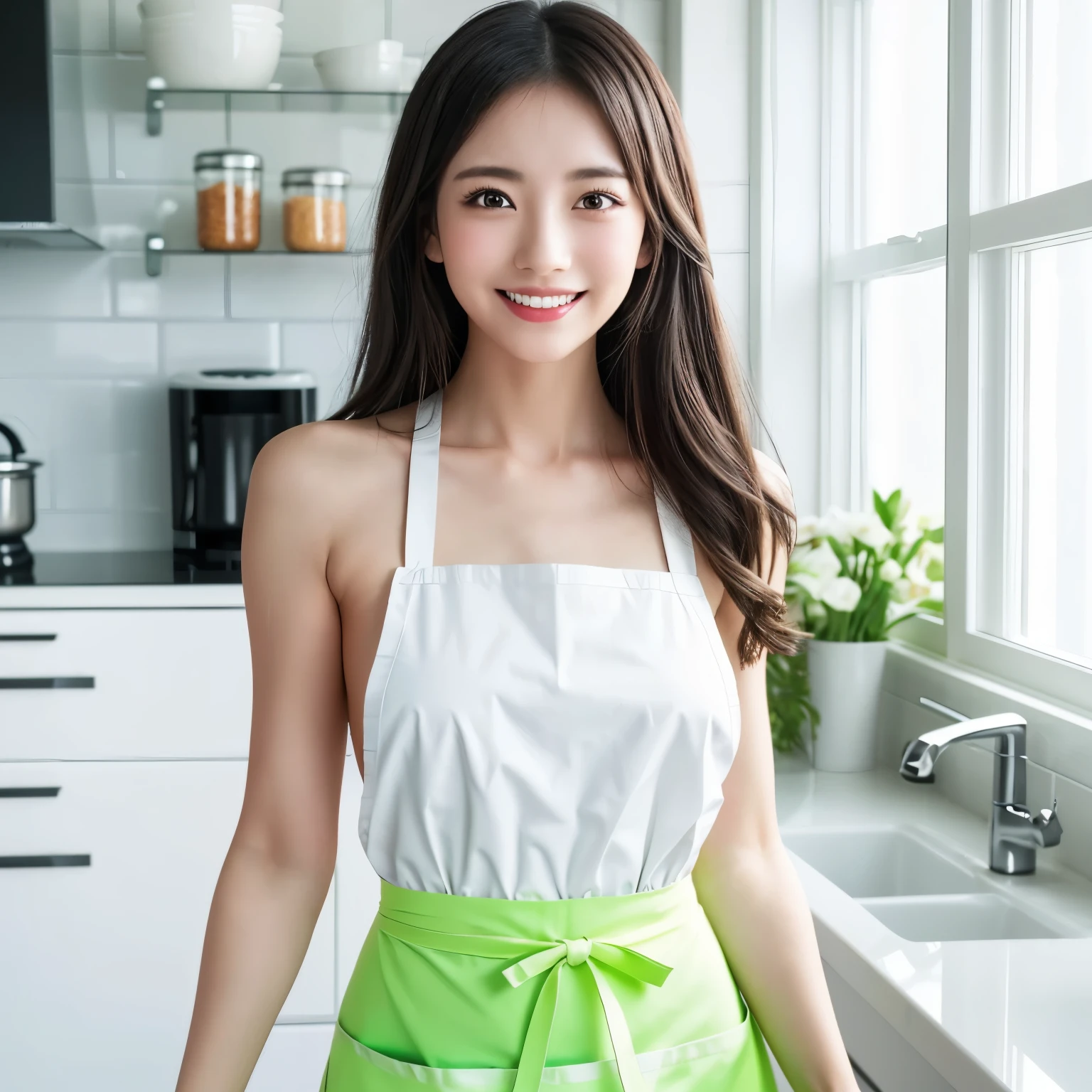 (table top、highest quality、8K、Award-winning work、ultra high resolution)、one beautiful woman、(wearing the most natural and perfect apron:1.1)、(naked apron:1.2)、long hair、(Look at me with your best smile:1.1)、(Show your beautiful teeth and have the best smile:1.1)、perfect beautiful teeth、emphasize body line、(bust up photo:1.1)、(Photo above the waist:1.2)、big breasts、(The most natural and practical kitchen:1.1)、(Perfectly organized and clean kitchen:1.1)、(modern and elegant kitchen:1.1)、(Perfect kitchen with state-of-the-art induction:1.1)、(Beautiful modern kitchen with a unified feel:1.1)、(すごくbright:1.2)、(すごくbright and vivid:1.2)、bright、すごくbright、that&#39;It&#39;s very vivid、the most vivid、High chroma、radiant beautiful skin、A refreshing and beautiful perfect window、ultra high resolutionのperfect beautiful teeth、(Ultra high definition glossy skin:1.1)、(すごくbrightly lit、bright and glowing skin:1.2)、Super high-definition sparkling eyes、(accurate anatomy:1.1)、(the most elegant and perfect posture:1.1)