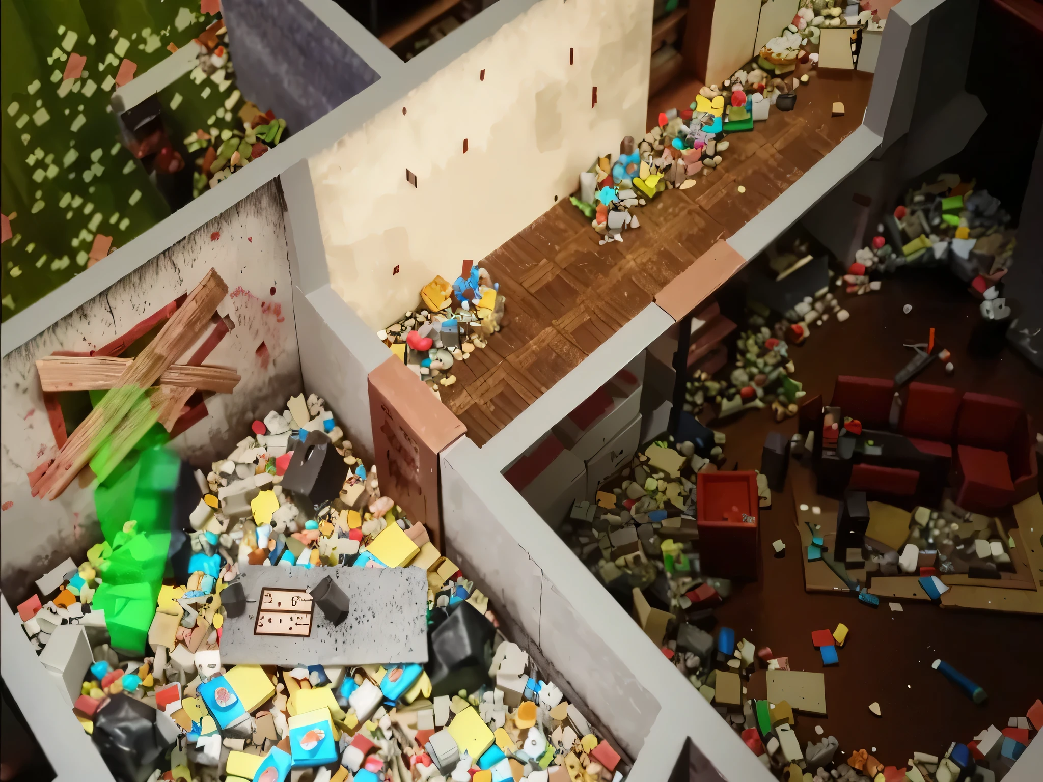 房间里有一堆Rubbish，There is a sign on it, miniaturecore, Randomly divided rooms, hyper detailed scene, Rubbish ; basement, Incredible isometric screenshots, Debris on the floor, complex 3d scene, surreal, Microcosm, Rubbish, looks very realistic, Isometric 3d rendering, tabletop model buildings