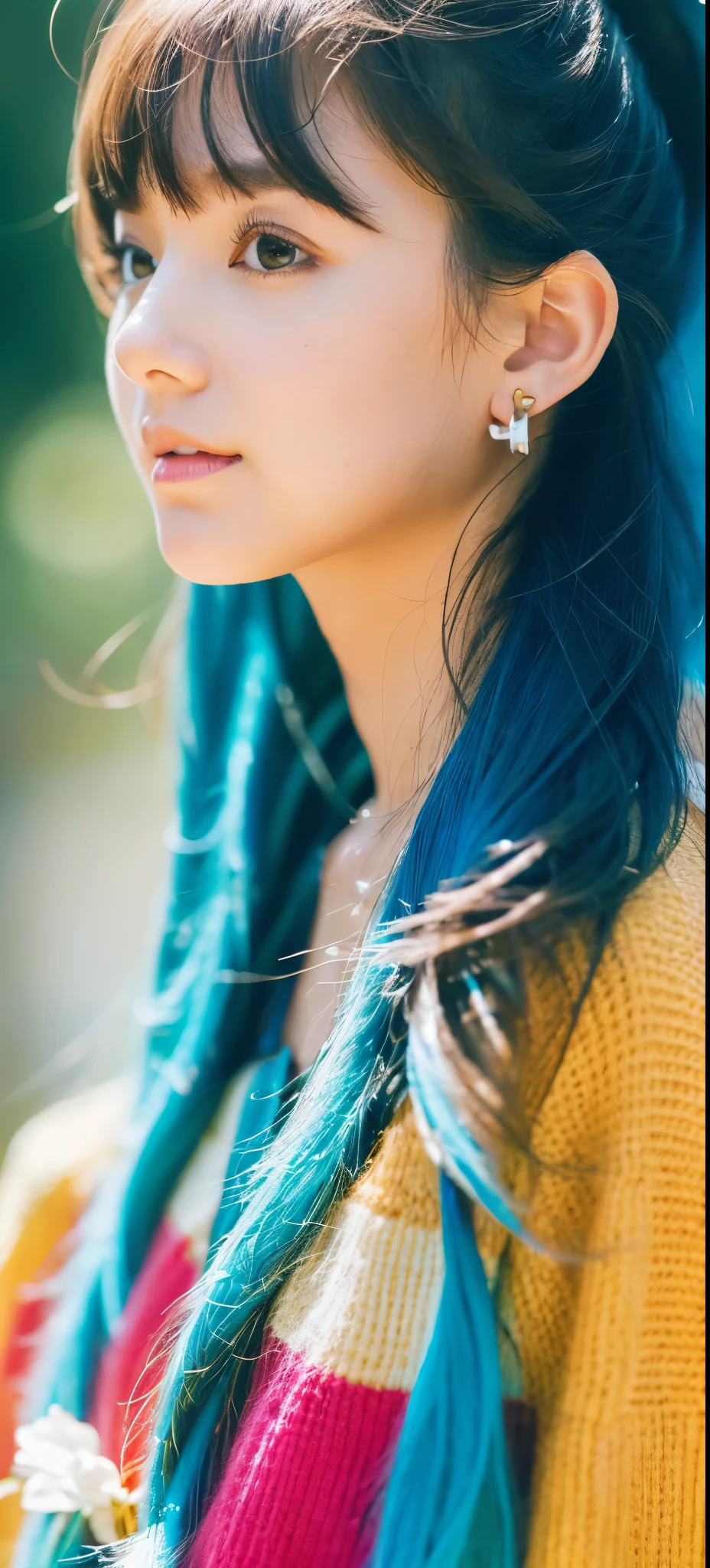 Masterpiece), (Best Quality), (Super Detail), (disheveled Hair), (Illustration), (One Girl), (Fashionable Clothes), Standing, Fashion Model, Beholder, (Interview), (Simple Background), Finely Beautiful Eyes, Delicate Beautiful Face, Floating, (High Saturation), (Colorful Splash), Colorful Bubble, (Shine), Focus on the Face, Ponytail, Light Blue Hair, Bangs, Hair Rings, Floating Flowers, Floating Hairs, (Shining), Best Lighting, Best Shadows