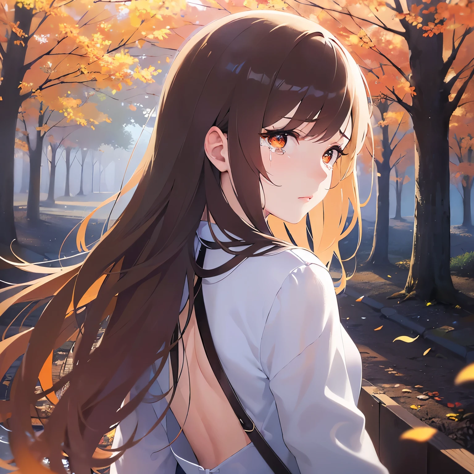 (looking away:1.5), (back view:1.5)、shooting from behind、Upper Body, Realistic, real person, (pale skin: 1.2), RAW photo, photorealistic, portrait photography, shiny skin, japanese idol、shiny hair、(25 year old woman with medium hair) and (wavy hair) and (brown hair) and (orange eyes), (sad:1.2), (tears:1.3), (white t-shirt) and (lomg sleeve)、running