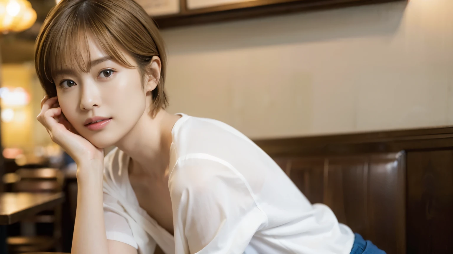 (masterpiece:1.2), super detailed, ultra high resolution, (realistic, photo realistic:1.37), High-definition RAW color photos, professional photos, highly detailed face, very fine eyes, highly detailed skin, very fine fingers, highly detailed nose, highly detailed mouth, perfect anatomy, highly detailed background, (famous japanese actress:1.2), (gal:1.3), Brown people, (blonde hair:1.3), Very short cut hair, cafe background, Cafes in New York, (wearing a white shirt, mini skirt:1.3),