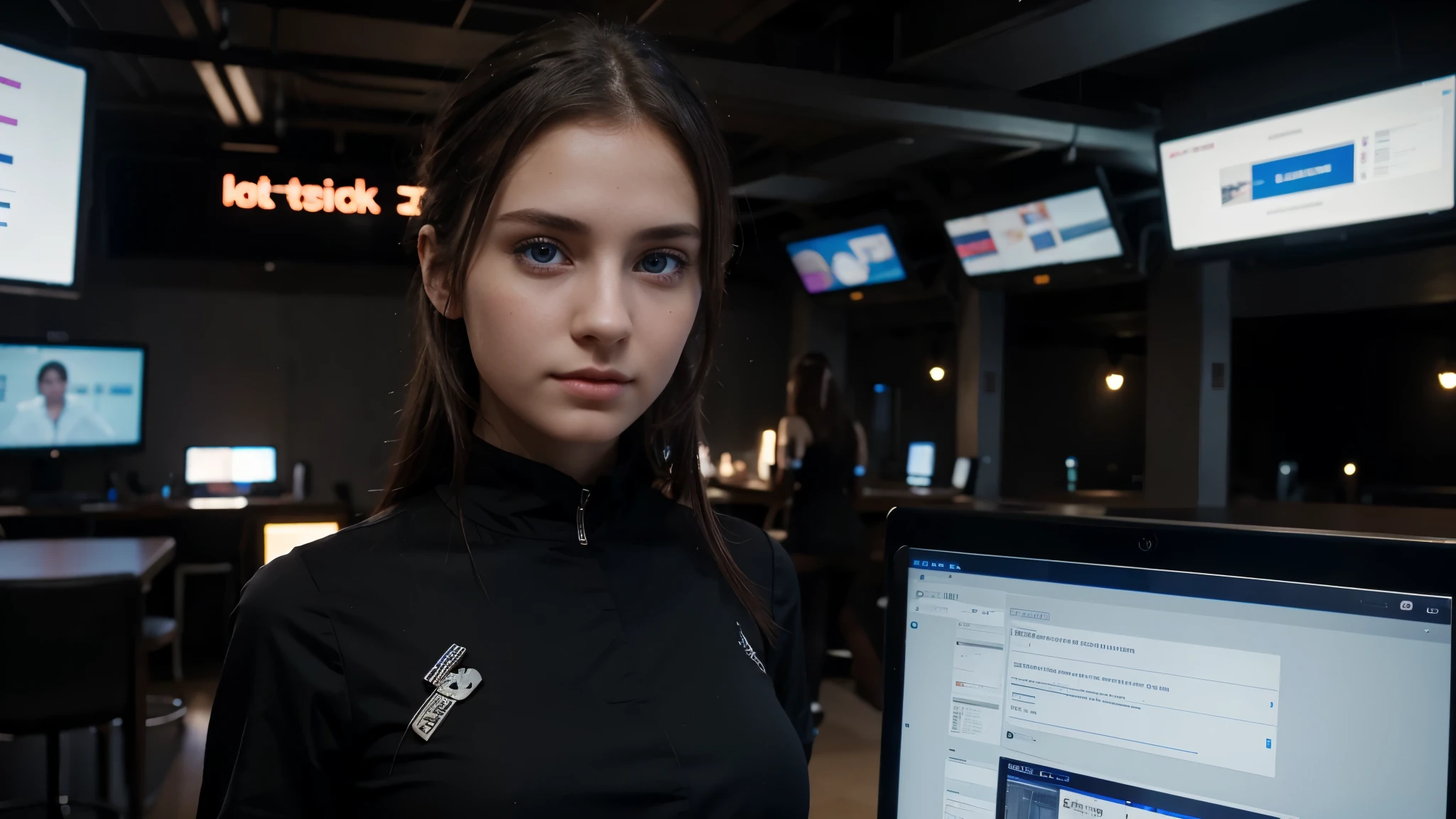 a girl with very pretty eyes, attractive look, 24 year old, cute, hacking , systems, servers, black dress, realistic, 8k, hd