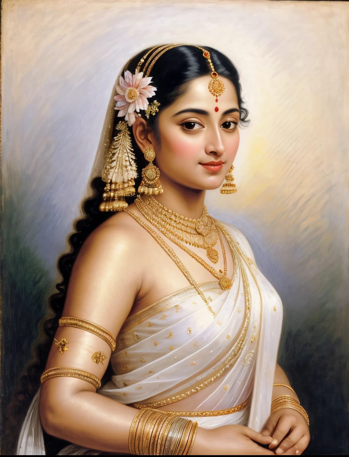 Beautiful Indian Woman, wearing saree, sari Beauty, gorgeous, Apsara, Maharani, royal queen woman, nymph from Hindu Mythology, Urvashi, matchless beauty, Highly detailed, Oil Painting by Peter Paul Rubens inspired by Raja Ravi Varma, Matchless beauty, captivating, gorgeous, heavenly beauty, celestial beauty, by Peter Paul Rubens, 13, realistic, hyper realistic, micro details, incredible artwork, insane details, ultra High resolution, 8k, 32k, acrylic on canvas, intricate, flawless, detailed, detailed face, detailed eyes, masterpiece, by Peter Paul Rubens, by Caravaggio, by William Adolphe bouguereau, perfect face, perfect body, beautiful art, realism, baroque, renaissance Art, highly textured, beautiful and detailed eyes, uhd, best quality,