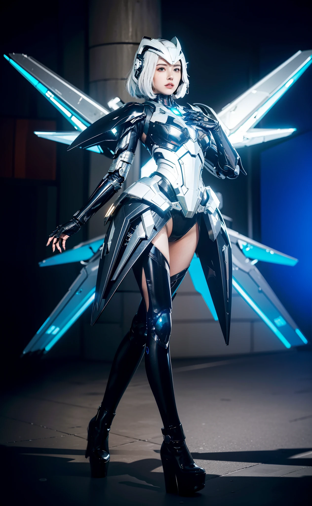 futuristic high tech style，best quality,fairy skin,(every time :1.2),Everlasting,super detailed,actual,high quality,Light,Light线追踪,ultra high definition,upper part of body, Future Iron Man mecha，shooting，Battery，Launching equipment，large caliber artillery，Rostland 8K，Mecha Cyber Armor Girl,Wearing a cyberpunk technology helmet，Star Warframe Helmet，With breathing Light，The armor of the future shines，armed cannon，high-tech armor，helmet，Wear black gloves，neat fingers，Wear high heel boots