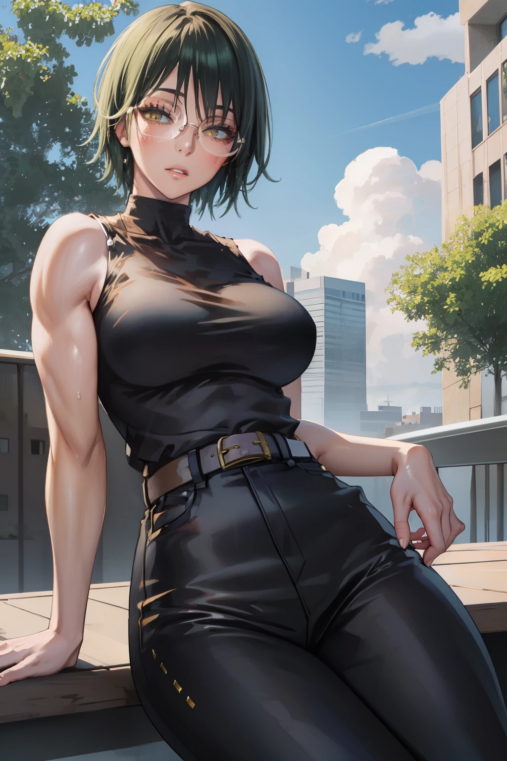 MakiShS1, solo,  short hair, 1girl,  looking at viewer, glasses, green hair, sleeveless, belt, pants, bangs, cowboy shot,  shirt, muscular, round eyewear, breasts, bare shoulders, closed mouth, muscular female, turtleneck, yellow eyes, black pants, black shirt, parted lips, black clothes, sleeveless shirt, large breasts, high-waist pants, outdoors, sky, blue sky, clouds, trees, buildings,   sitting, sitting in, girl sitting, BREAK
masterpiece, best quality, highly detailed background, perfect lightingbest quality, ((shiny skin, glossy skin, detailed skin))