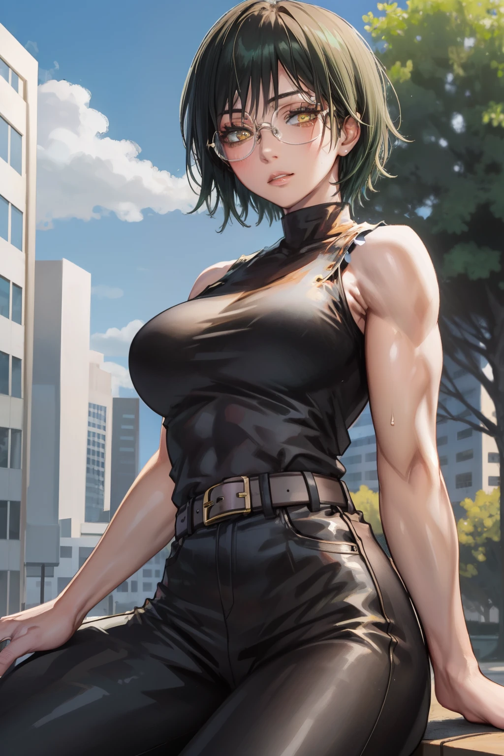 MakiShS1, solo, short hair, 1girl, looking at viewer, glasses, green hair, sleeveless, belt, pants, bangs, cowboy shot, shirt, muscular, round eyewear, breasts, bare shoulders, closed mouth, muscular female, turtleneck, yellow eyes, black pants, black shirt, parted lips, black clothes, sleeveless shirt, large breasts, high-waist pants, outdoors, sky, blue sky, clouds, trees, buildings, sitting, sitting in, girl sitting, BREAK
masterpiece, best quality, highly detailed background, perfect lightingbest quality, ((shiny skin, glossy skin, detailed skin))