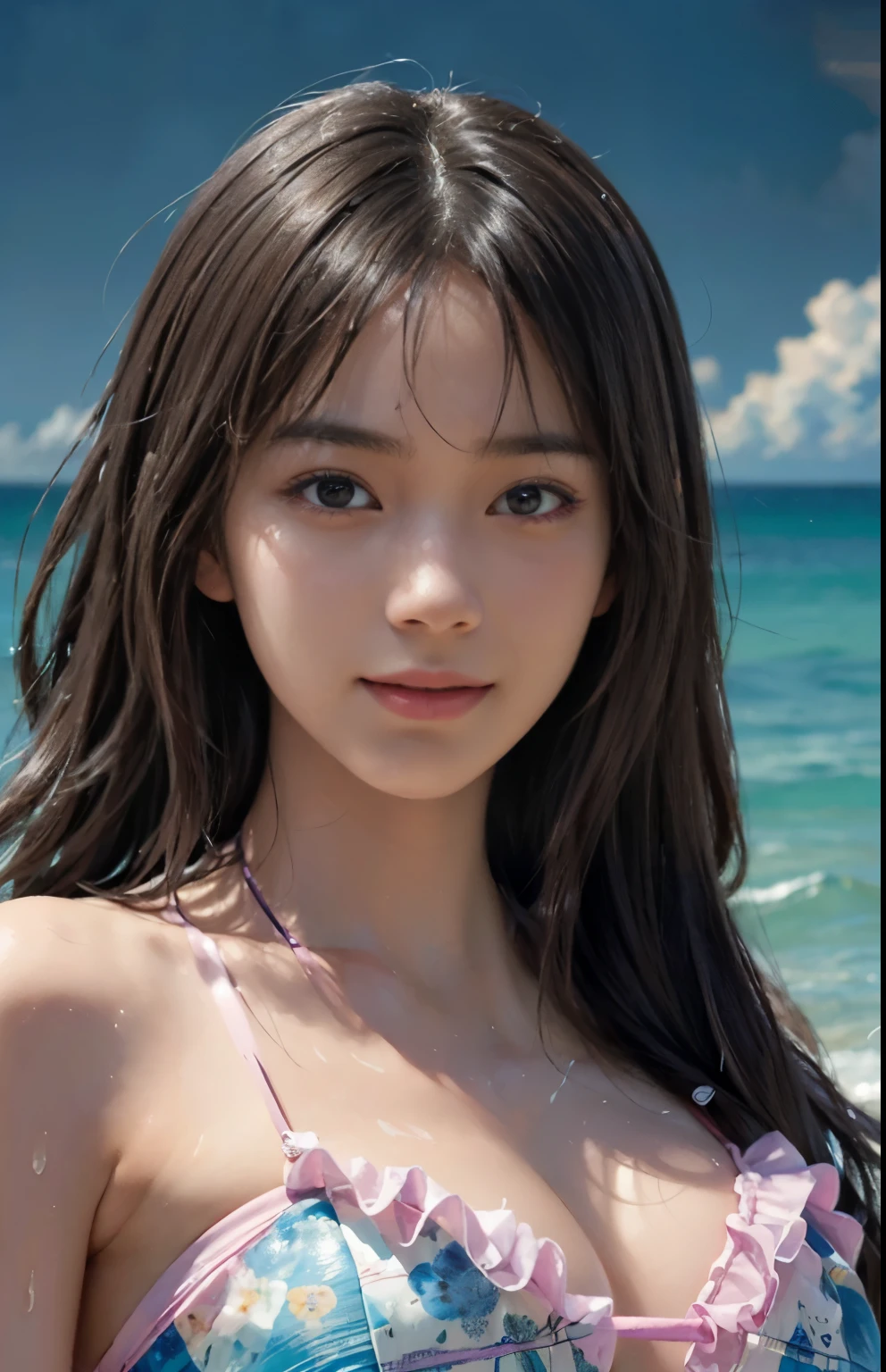 (A hyper-realistic), (illustration), (hight resolution), (8K), (highly detailed), (The best illustrations), (beatiful detailed eyes), (top-quality), (ultra-detailliert), (masterpiece), (detailed face), droopy eyes,full of sweat, slender body, long hair,inner colored,solo,Girl in simple pink bikini, huge , smile, ocean at night