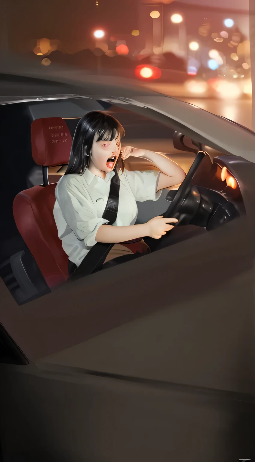 女孩开car累了,car,night,The girl yawned,drive,steering wheel,meticulous