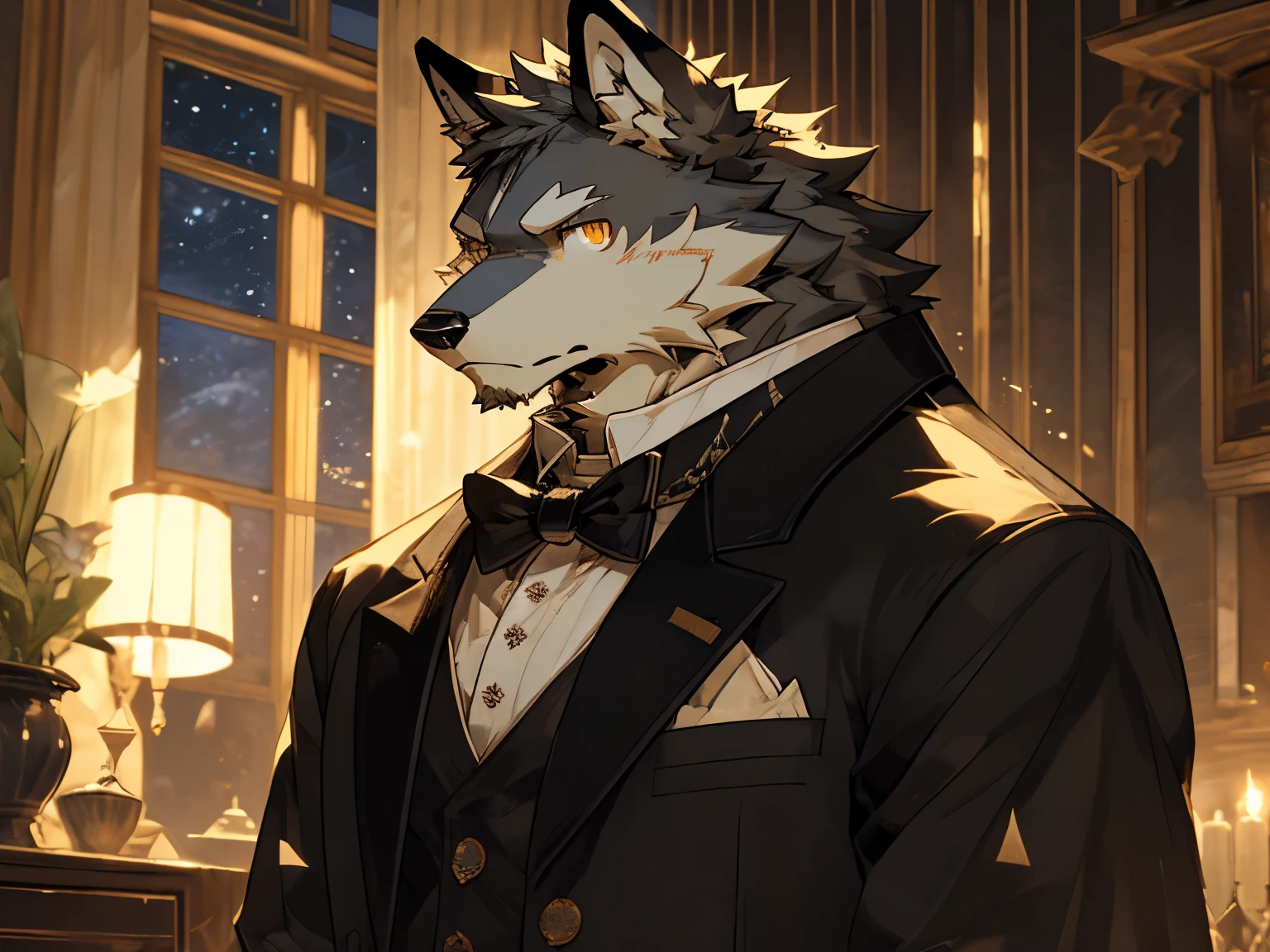 ((best quality)), ((masterpiece)), (detailed), perfect face,solo,kemono,night,mansion,gray fur,Butler uniform,Butler,anthro gray wolf.slender frame,golden eyes,indoor
