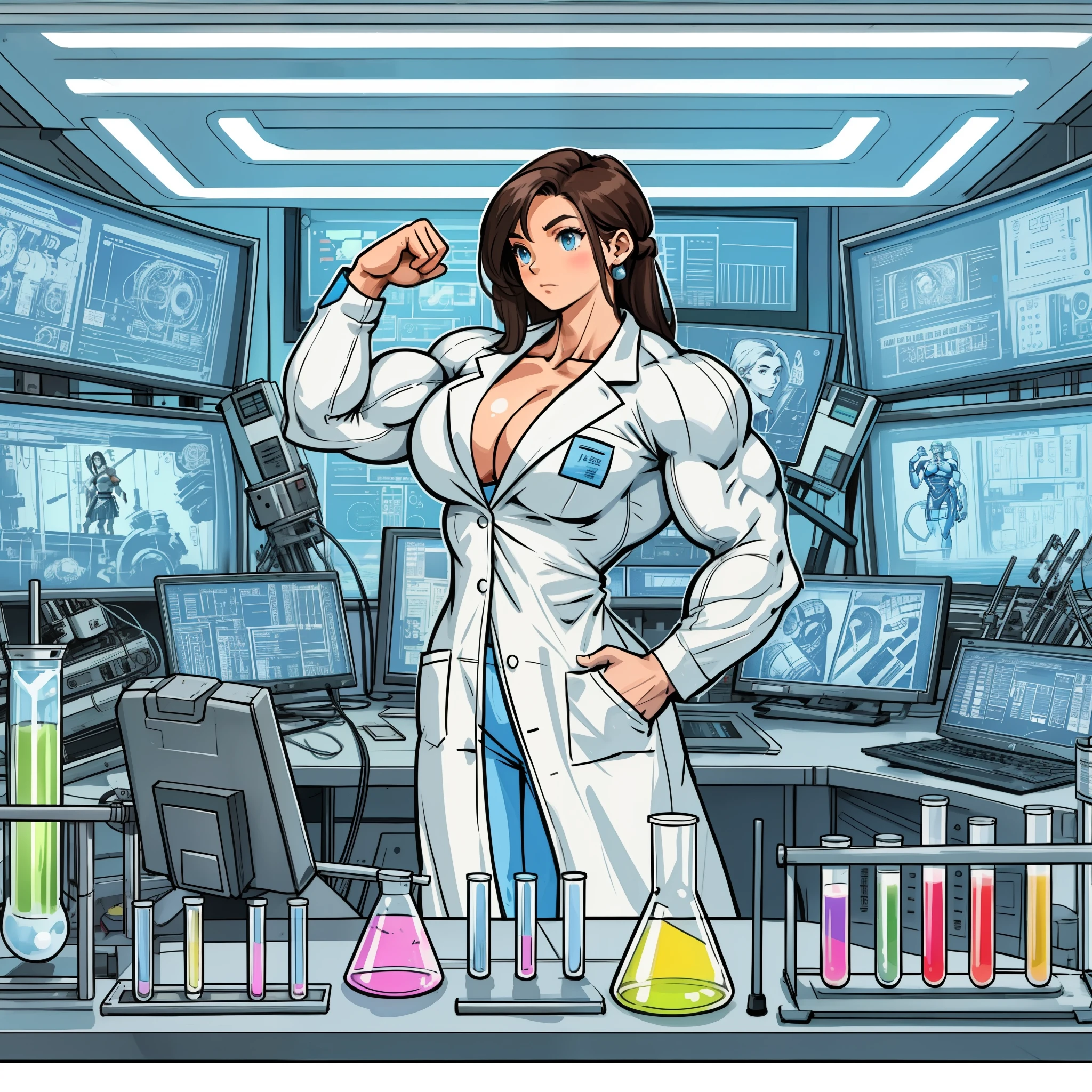 1 girl,(masterpiece) ,beautiful, muscular shoulder,muscular female,, alternate muscle size,muscular, lab coat,futuristic equipment, biceps,