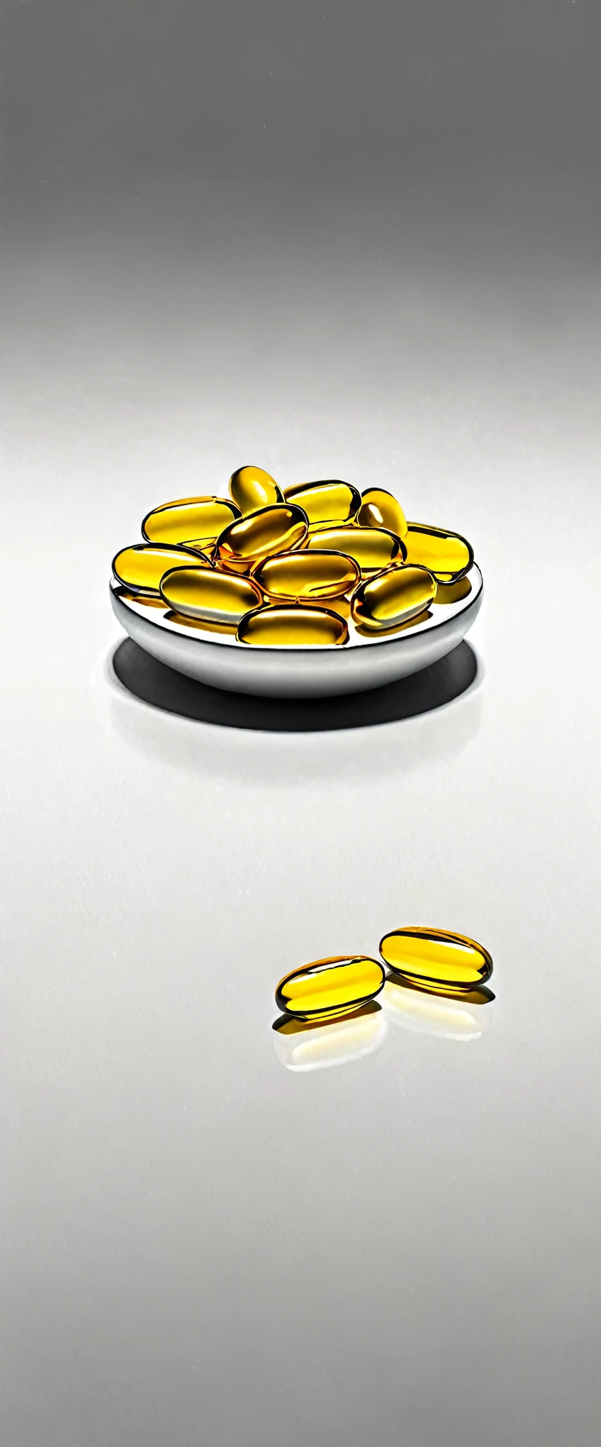 Nutritional Supplements Omega 3 Fish Oil Capsule is placed on the table on the right side, The left side is empty, Gradient background from black to white, Highly realistic digital panel, Colorful hyper-realism, Amazing food illustration, Stunning capsule photography, Very realistic oil painting, Very realistic color image, Ultra realistic oil painting, Realistic color photography, Very realistic oil painting, Very realistic oil painting, Beautiful 3D display, Ultra-realistic digital drawing