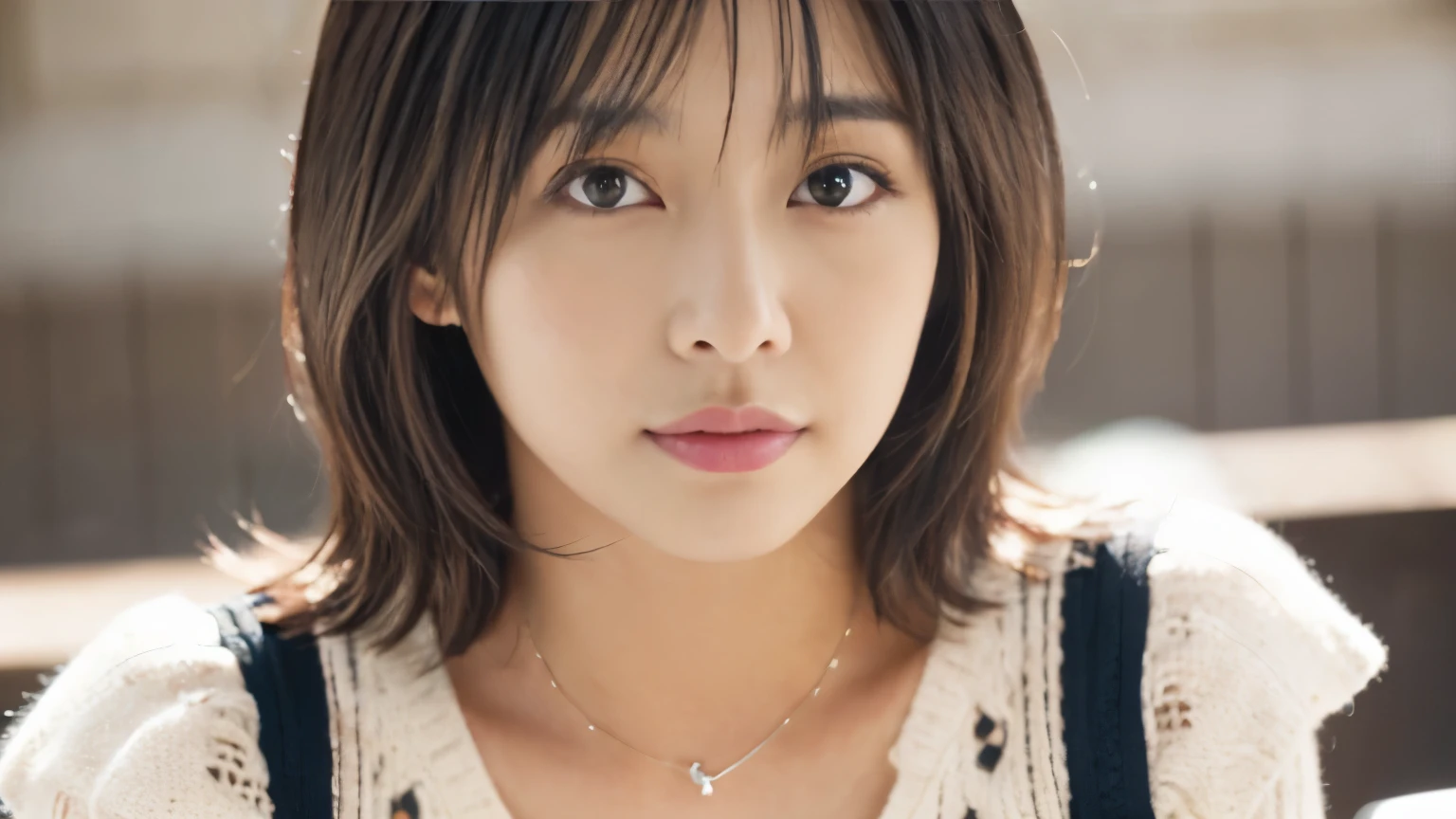 (table top,highest quality)), (realistic:1.4),(((table top,8K)),Cafe,(Stylish interior),((full body photo))),Photographed in natural light,Highly detailed face and skin texture,highly detailed lips,correct state of the human body,ultra high resolution,(Photoreal:1.4),highest quality, 1 beautiful woman, 38 years old, s, 60mm lens, light beige knit,(medium hair),japanese woman,(black hair),various poses,looking at camera,natural lip color, necklace