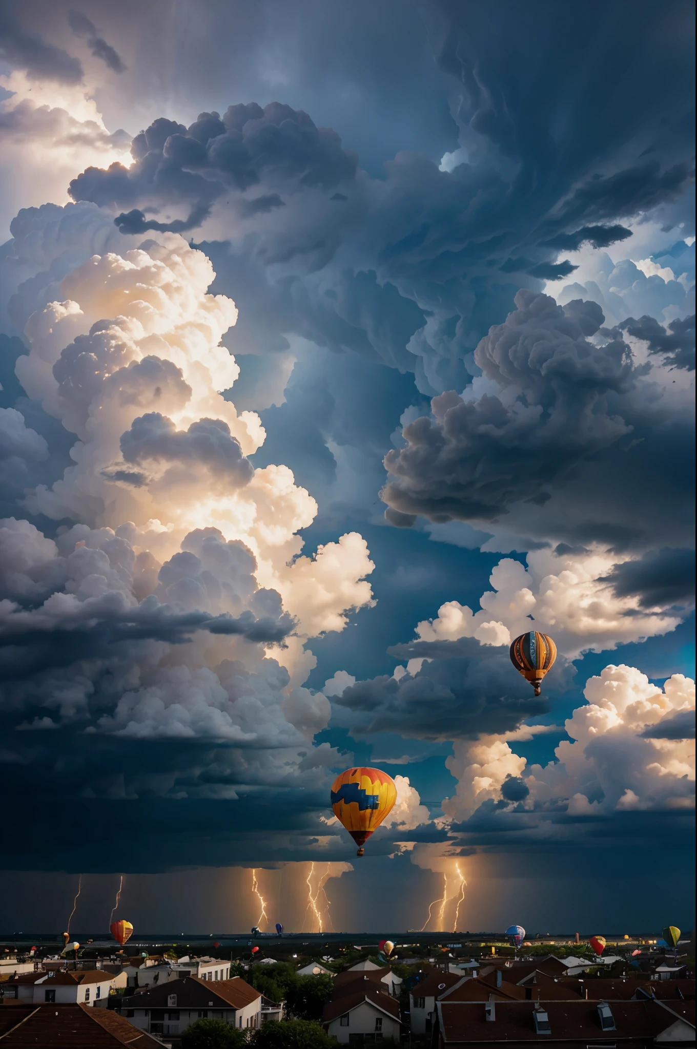 Colorful basket balloons flying in the thunderstorm