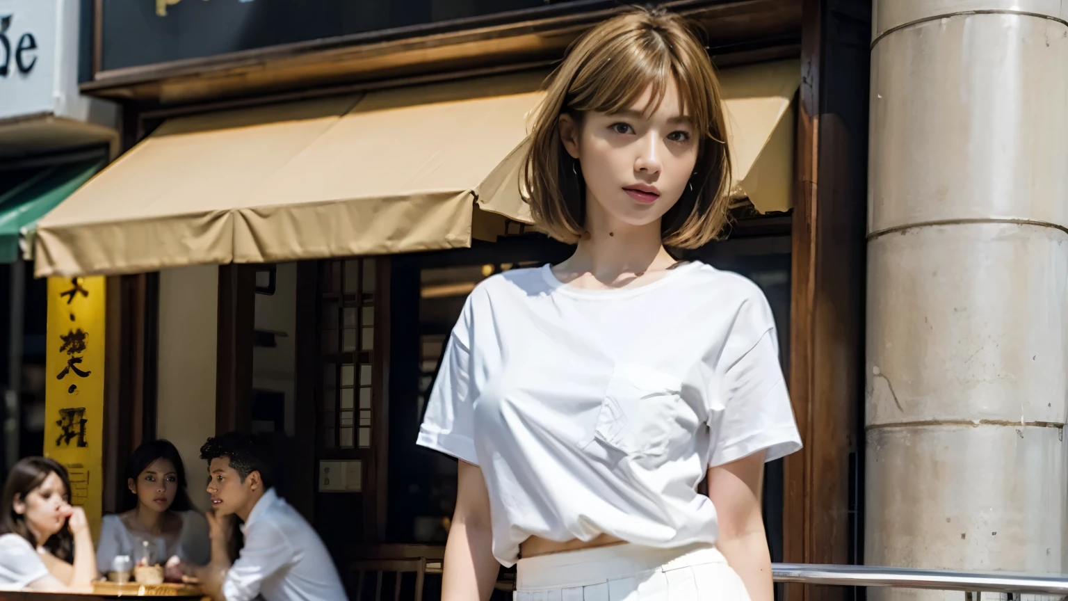 (masterpiece:1.2), super detailed, ultra high resolution, (realistic, photo realistic:1.37), High-definition RAW color photos, professional photos, highly detailed face, very fine eyes, highly detailed skin, very fine fingers, highly detailed nose, highly detailed mouth, perfect anatomy, highly detailed background, (famous japanese actress:1.2), (gal:1.3), Brown people, (blonde hair:1.3), Very short cut hair, cafe background, Cafes in New York, (wearing a white shirt, mini skirt:1.3),