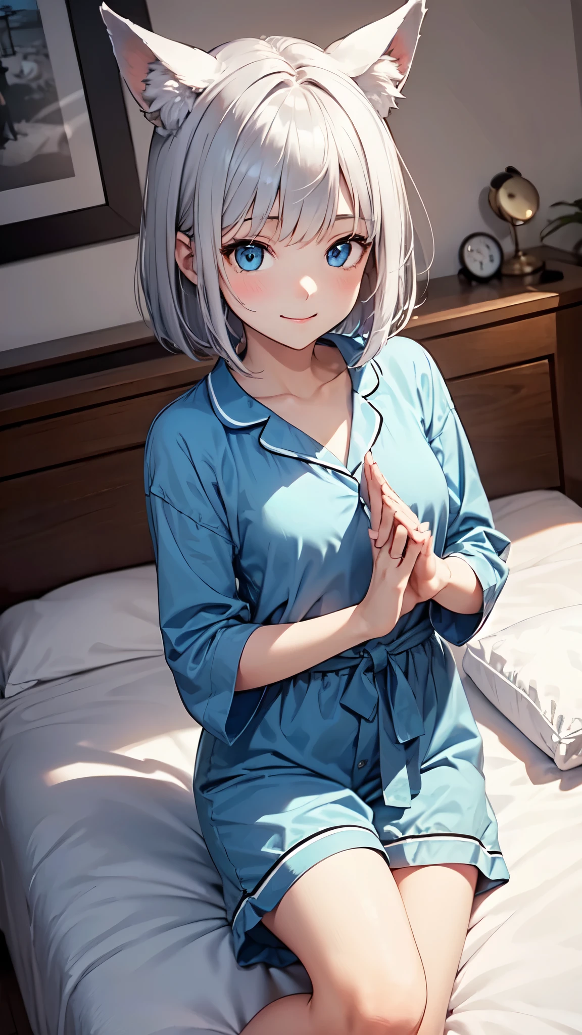 one girl、19 years old、silver hair、bob cut、unkempt、(Looks sleepy)、((Mysterious Beautiful Girl))、light blue pajamas、fox ears、bangs、blue eyes、((take your eyes off))、smile、cute room bed、Waist to head、classic、aerial perspective、detailed picture、atmosphere、(transparent),(pure)、perfect hands、Hands without distortion、The fingers of one hand are5Book、
