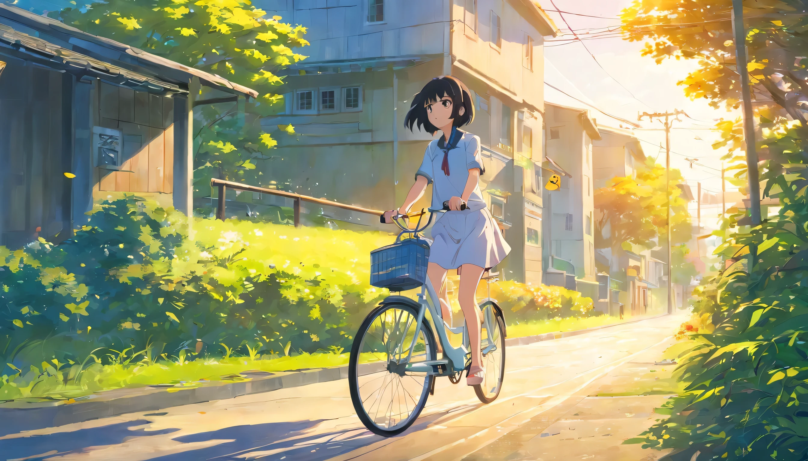 black haired girl ria, (white skin),bob cut、 headphones、On my way to a rural high school、Pedal a bicycle leaning forward、headphones、Glasses, Floral notes, (white skin), (morning time), (white skin)、(((side shot、wide shot:1.2)))、stray cat running、180° side view