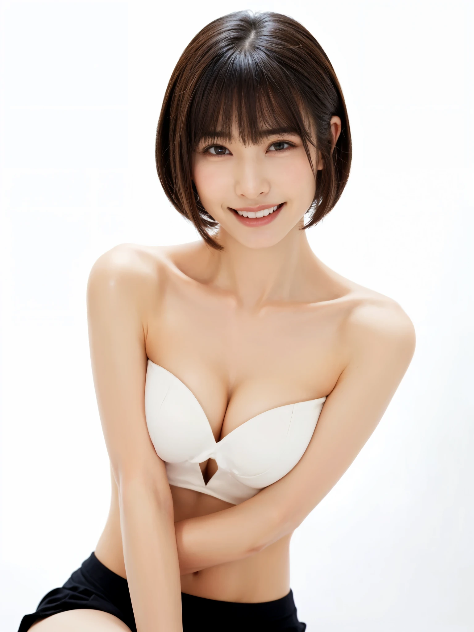(topless:1.3、not wearing anything:1.2、nothing attached:1.3、Supermodel with long legs:1.3、eye highlights:1.3、30 years old、spotless、cute、golden ratio face:1.2)、look closely at the camera:1.4、Short bob cut with neat bangs、long neck、long neck、please show me your ears、beautiful clavicle、beautiful skin、perfect body、perfect fingers、perfect arms、perfect hands、face becomes smaller、Clear double eyelids、detailed eye、clean your belly button、big chest thin waist、please open your legs:1.5、look closely at the camera、(really blank white background、really blank white background:1.4)、perfect anatomy、very big chest、very big neat chest、hugeな 、very big big:1.8、big areola:1.2、adult charm、close your mouth:1.3、smile:1.3、smile happily:1.3、I'I'm smiling because I'm embarrassed、a little wind blows:1.2、((portrait:1.3))、{huge|big|hugeな|mega} chest:2, cleavage:2