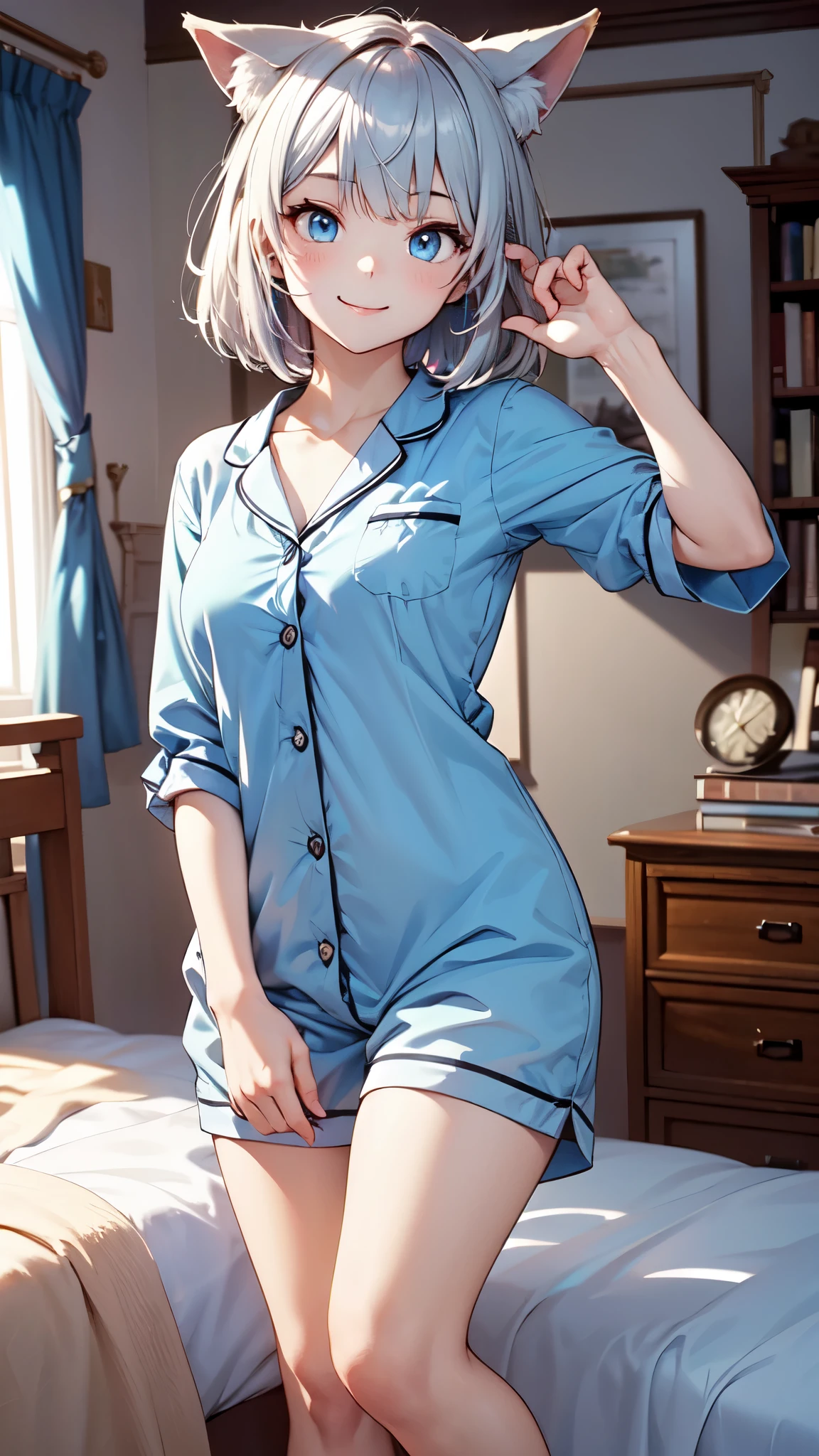 A woman with silver bob hair and blue eyes,In pajamas, gazing condescendingly at the viewer with a cute grinning expression, extremely detailed and realistic, masterpiece quality, ultra-detailed, HDR, studio lighting, vivid colors, physically-based rendering, thick thighs, beautiful thighs,  girl, attractive buttocks, Lying face down on the bed