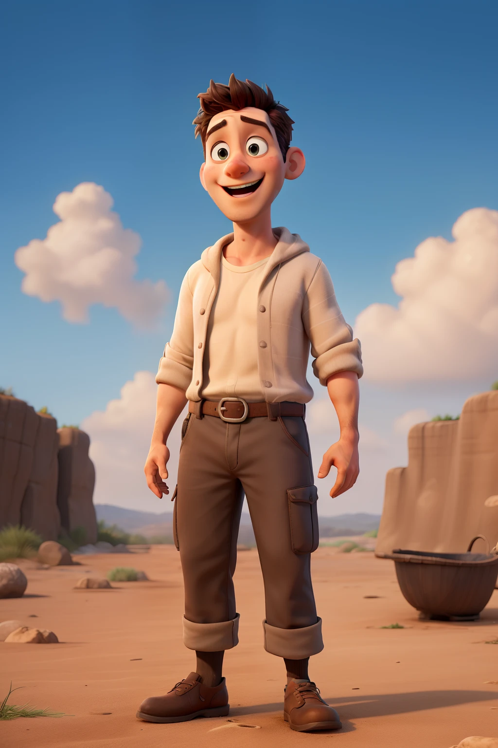 MALE CHARACTER, JONAH PROPHET OF THE LORD, BIBLICAL, USING HEBREW TRAGS, WITH A HAPPY EXPRESSION, LOOKING AT THE SKY. FULL BODY CHARACTER. REALISTIC IMAGE, FULL HD, DISNEY PIXAR STYLE. REALISTIC IMAGE QUALITY