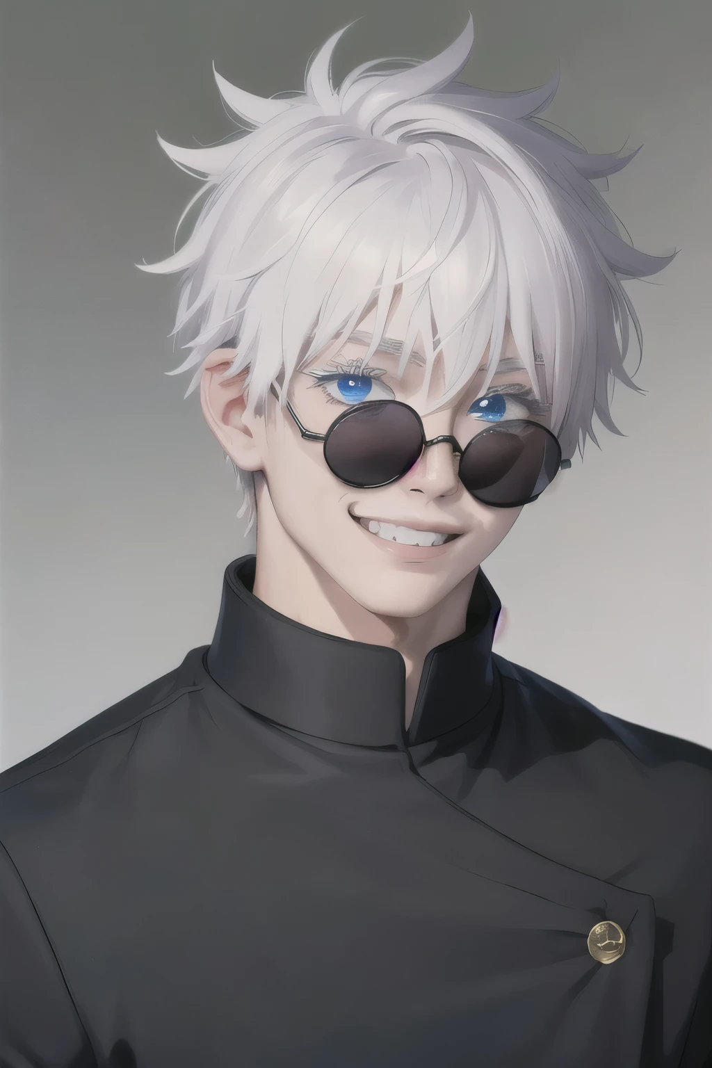 (masterpiece, best quality:1.2), upper body, solo, male focus, 1boy, gojo satoru, grin, looking at viewer, sunglasses, round eyewear, , black jacket, high collar 