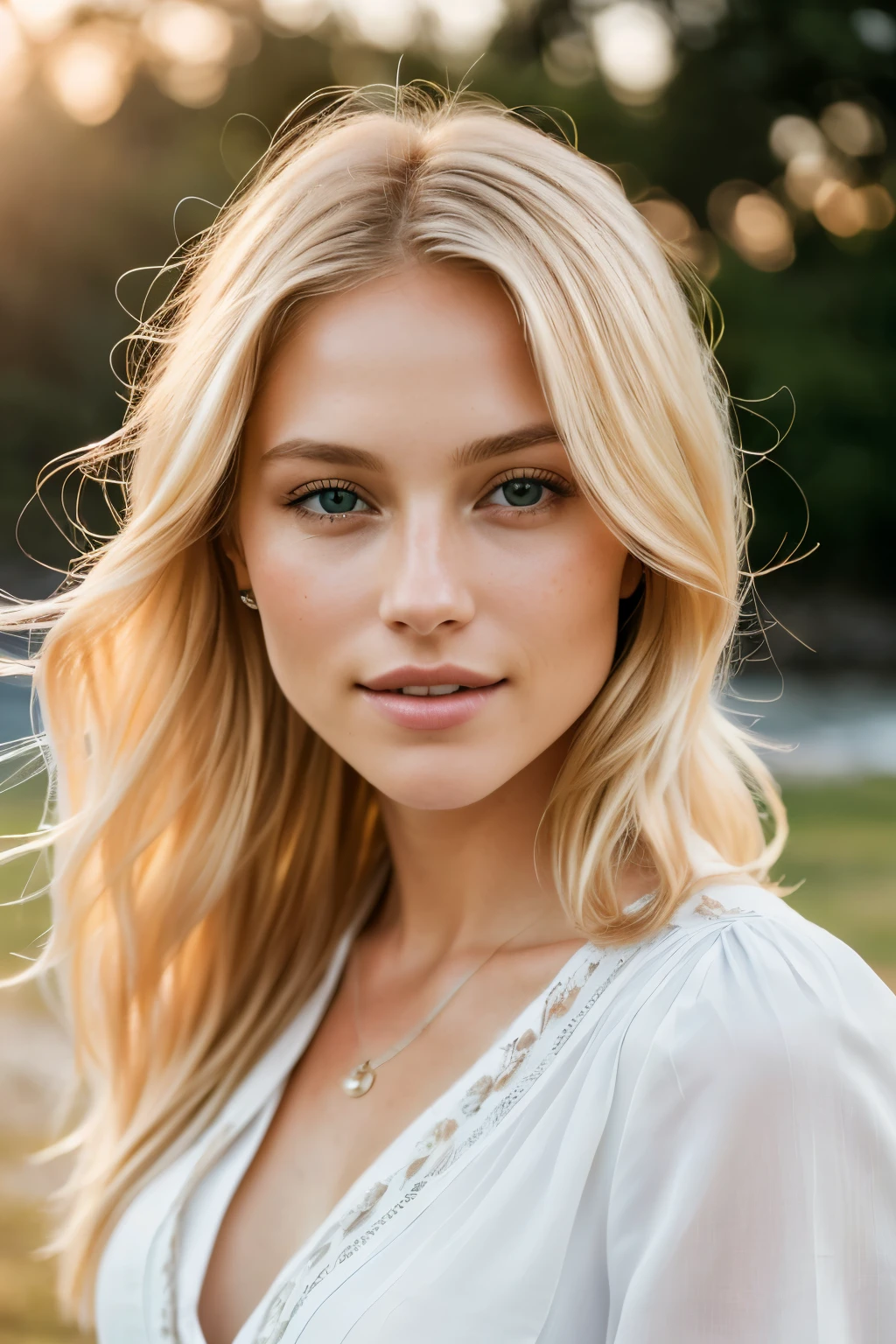 An 8K RAW photo of a breathtakingly beautiful blonde woman, solo, perfectly captured during the golden hour at a serene beach. In this masterpiece of realism and photo-realism (1.37), she stands with a gentle smile, squinting slightly (1.2) as the sunlight softly lights up her features. The professional portrait setup, using a Canon EOS R6 and RF 85mm F1.2L USM lens, meticulously records every ultra-detailed aspect of her appearance. Her long, wavy blonde hair gently flows in the breeze, and she wears a flowing white linen blouse and denim shorts. The intricate
