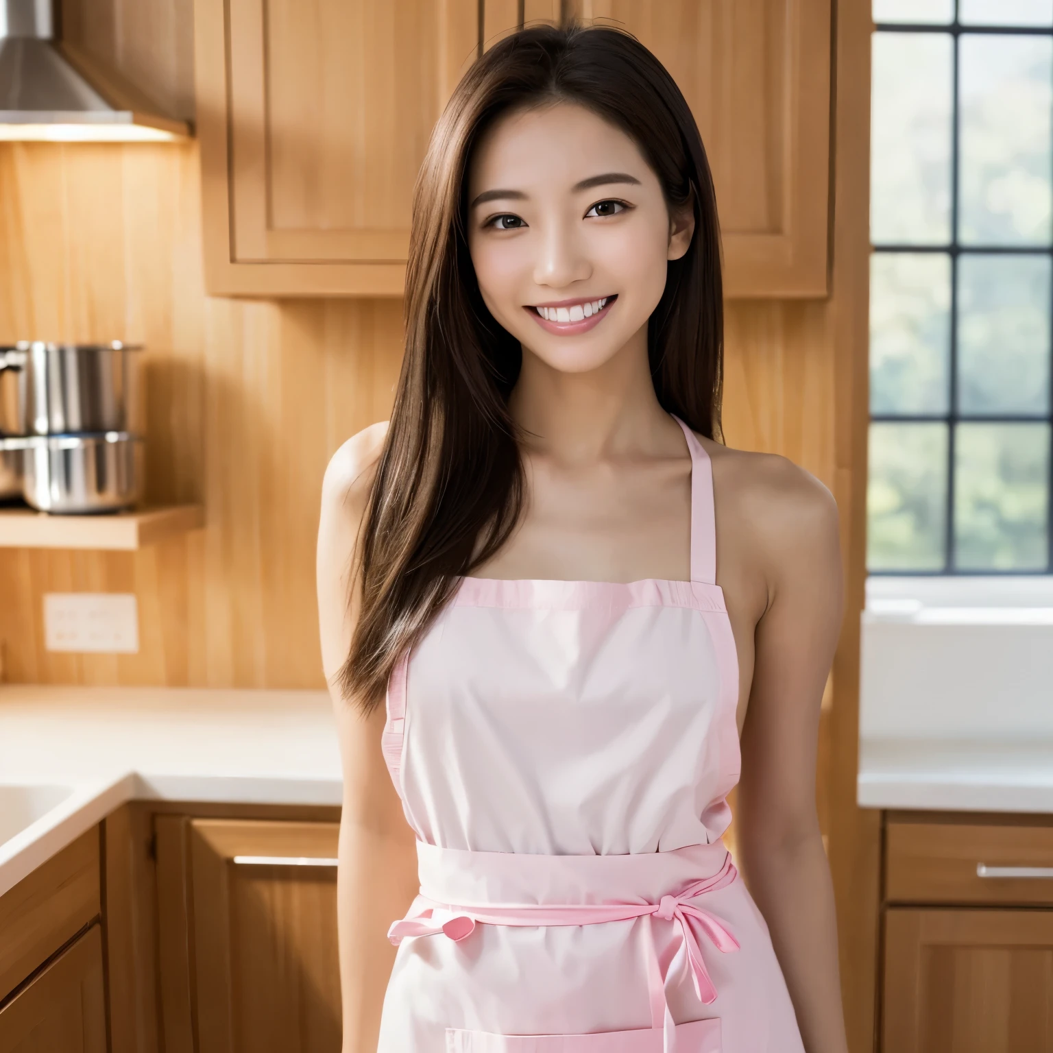 (table top、highest quality、8K、Award-winning work、ultra high resolution)、one beautiful woman、(wearing the most natural and perfect pink apron:1.1)、(naked apron:1.2)、long hair、(Look at me with your best smile:1.1)、(Show your beautiful teeth and have the best smile:1.1)、perfect beautiful teeth、emphasize body line、(bust up photo:1.1)、(Photo above the waist:1.2)、big breasts、(The most natural and practical kitchen:1.1)、(Perfectly organized and clean kitchen:1.1)、(modern and elegant kitchen:1.1)、(Perfect kitchen with state-of-the-art induction:1.1)、(Beautiful modern kitchen with a unified feel:1.1)、(すごくbright:1.2)、(すごくbright and vivid:1.2)、bright、すごくbright、that&#39;It&#39;s very vivid、the most vivid、High chroma、radiant beautiful skin、A refreshing and beautiful perfect window、ultra high resolutionのperfect beautiful teeth、(Ultra high definition glossy skin:1.1)、(すごくbrightly lit、bright and glowing skin:1.2)、Super high-definition sparkling eyes、(accurate anatomy:1.1)、(the most elegant and perfect posture:1.1)