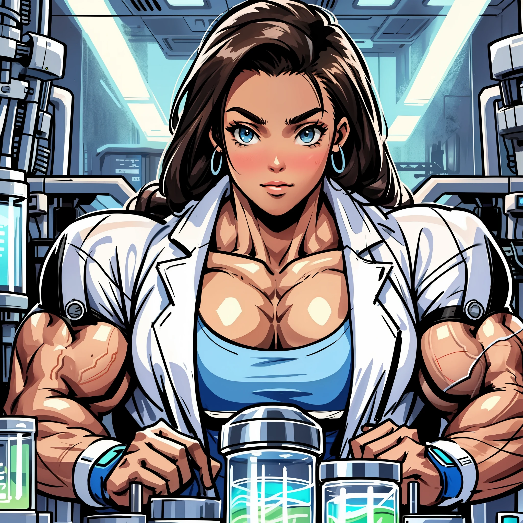 1 girl,(masterpiece) ,beautiful, muscular shoulder,muscular female,, alternate muscle size,muscular, lab coat,futuristic equipment, biceps,