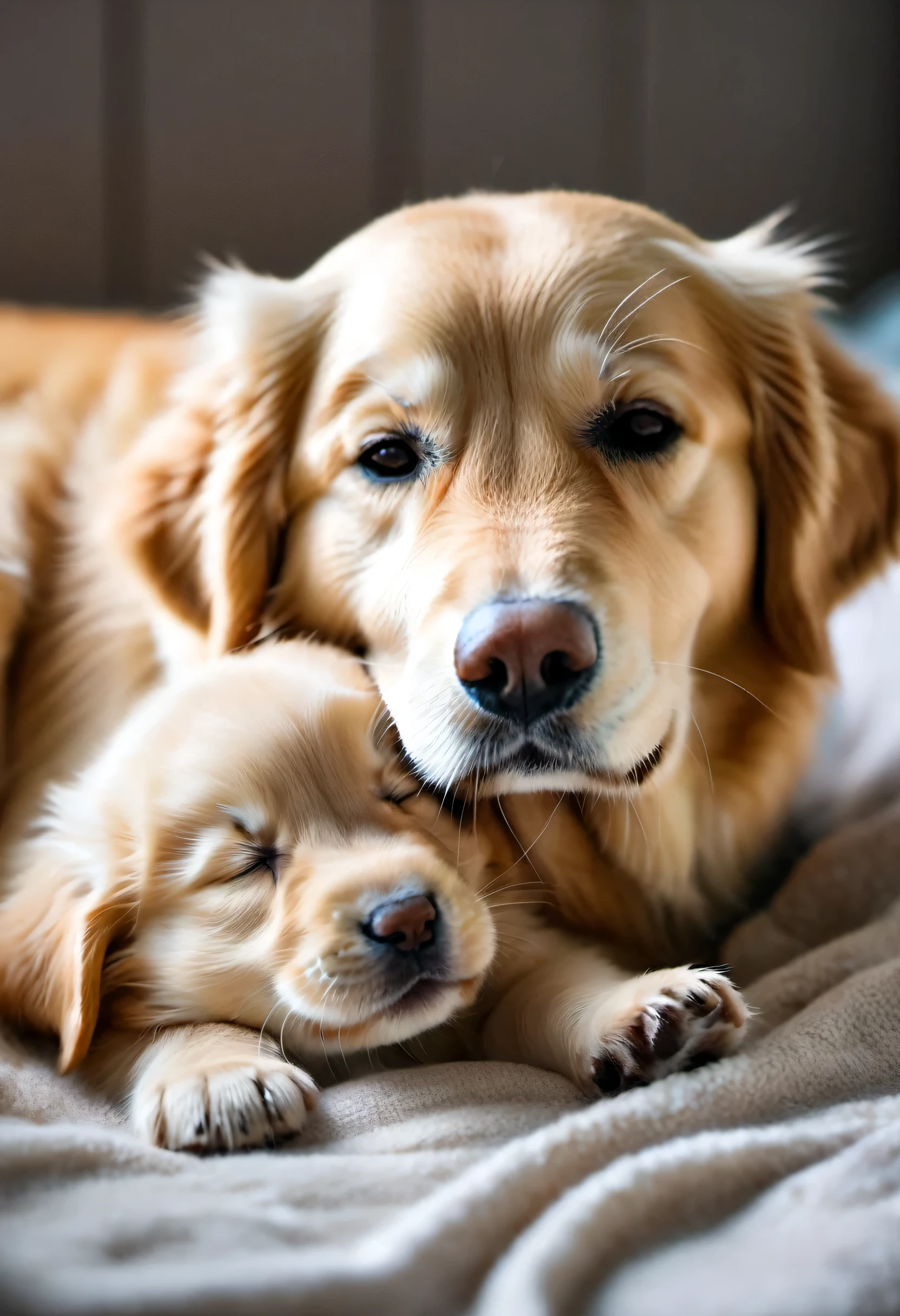 in a warm corner,Newborn golden retriever puppy lying quietly in mother's arms。The little golden retriever's body is still very soft and his eyes are closed.,seems to be sleeping。
Golden retriever'Mom gently licks the little golden retriever'Licking her body with her tongue,keep it clean and warm。The coat color of the little golden retriever shows a soft golden color,Similar to mother’s coat color,Like a smaller version of my mom。Its hair is soft and fine,feels like velvet。
The little golden retriever’s paws are small and cute,Pink palms reveal innocence。its tail is slightly curled,Shake gently,As if expressing some weak emotion。
on mother'arm,The little golden retriever gives people endless warmth。it clings to mom,Enjoy the care of maternal love。Golden Retriever mother’s eyes are full of love and care,She silently guards her child,provide it with a warm shelter。