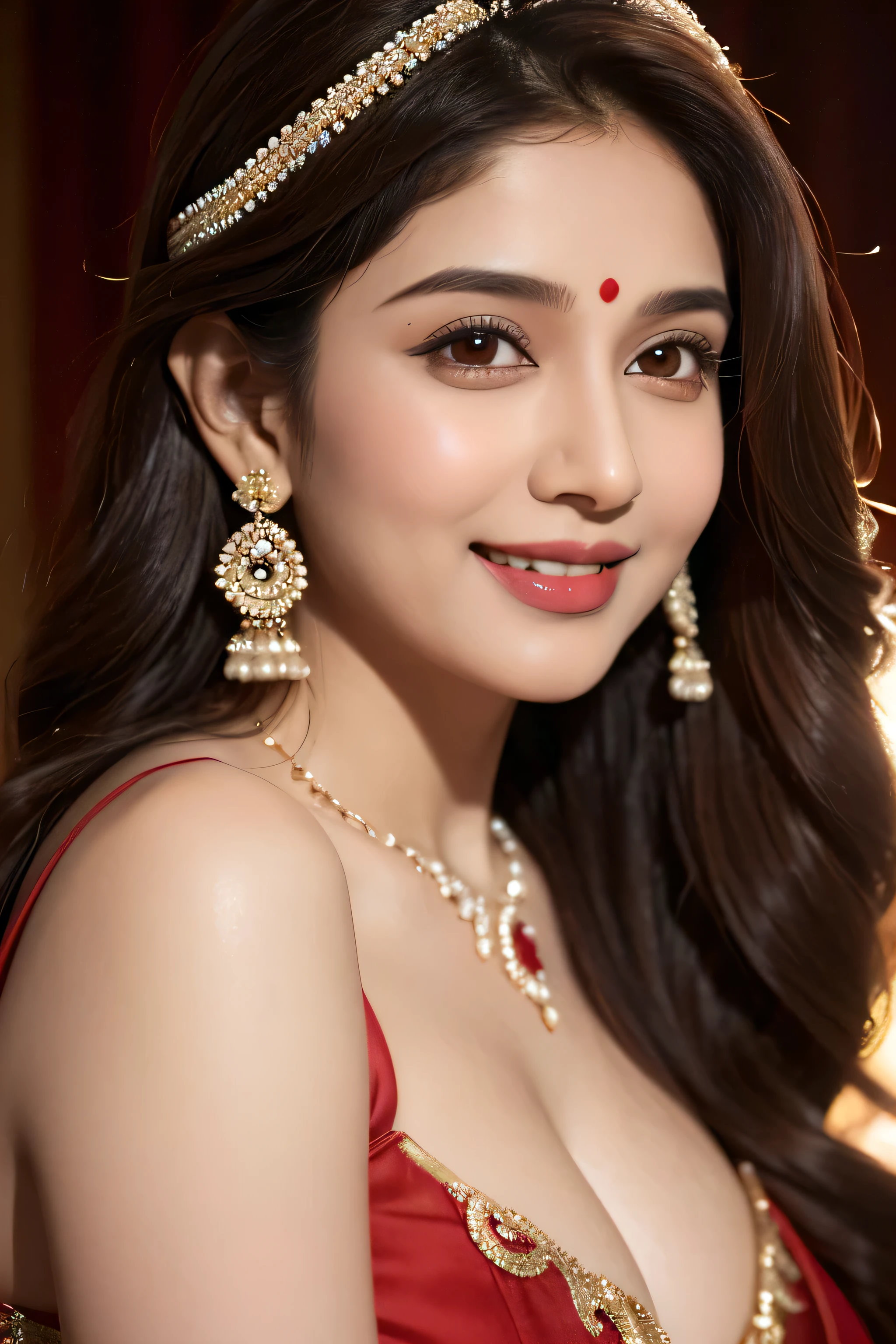 Shivaleeka Oberoi, White skin tone, smiling, voluptuous, cleavage, ((Brown lipstick)), very long hair, brown hair, wavy hair, Red Saree , close up
